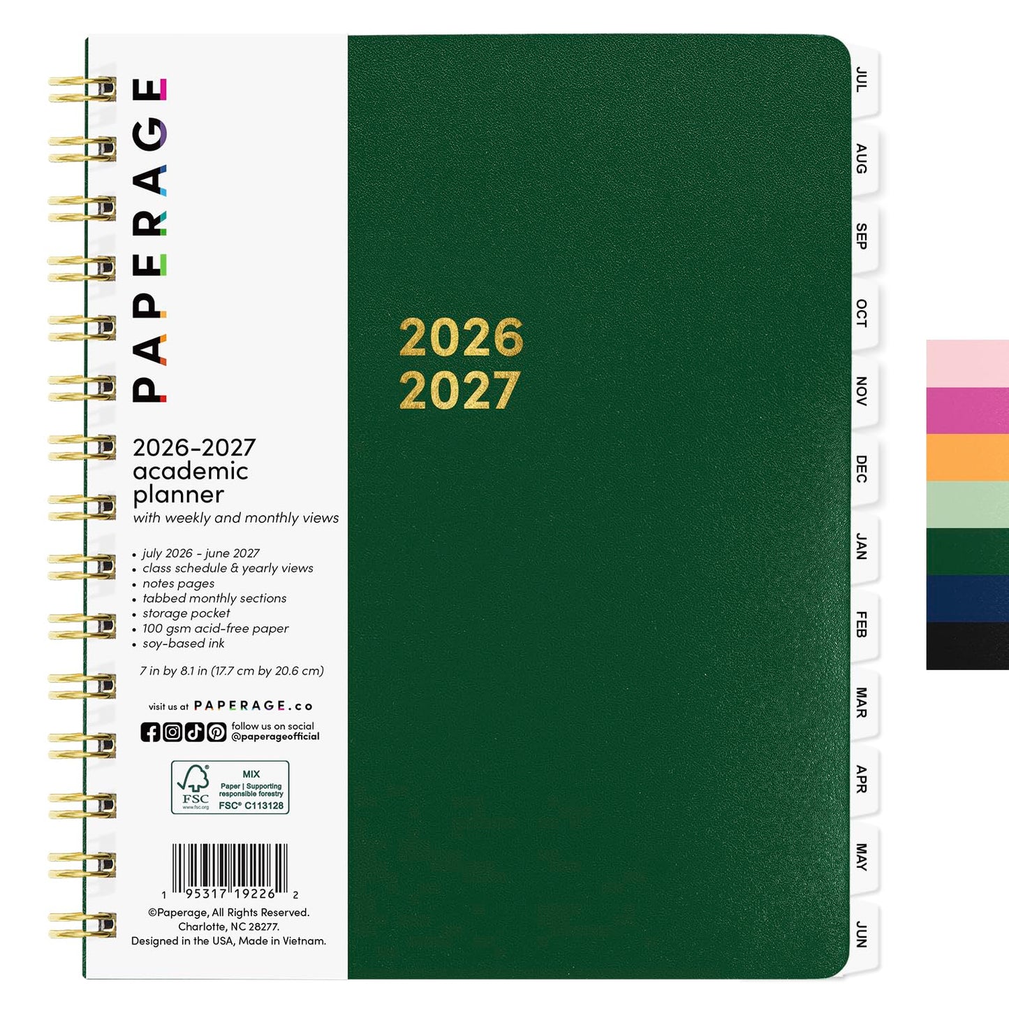 PAPERAGE Academic Planner, Weekly & Monthly Planner & Calendar, 12-Months, July 2026 - June 2027, (7" x 8"), School & Student Planning Agenda with Tabs, Bonus Pages & Inner Pocket, Dark Green