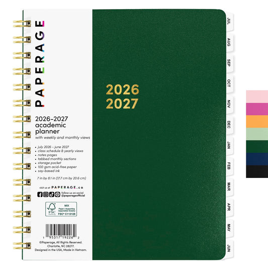 PAPERAGE Academic Planner, Weekly & Monthly Planner & Calendar, 12-Months, July 2026 - June 2027, (7" x 8"), School & Student Planning Agenda with Tabs, Bonus Pages & Inner Pocket, Dark Green