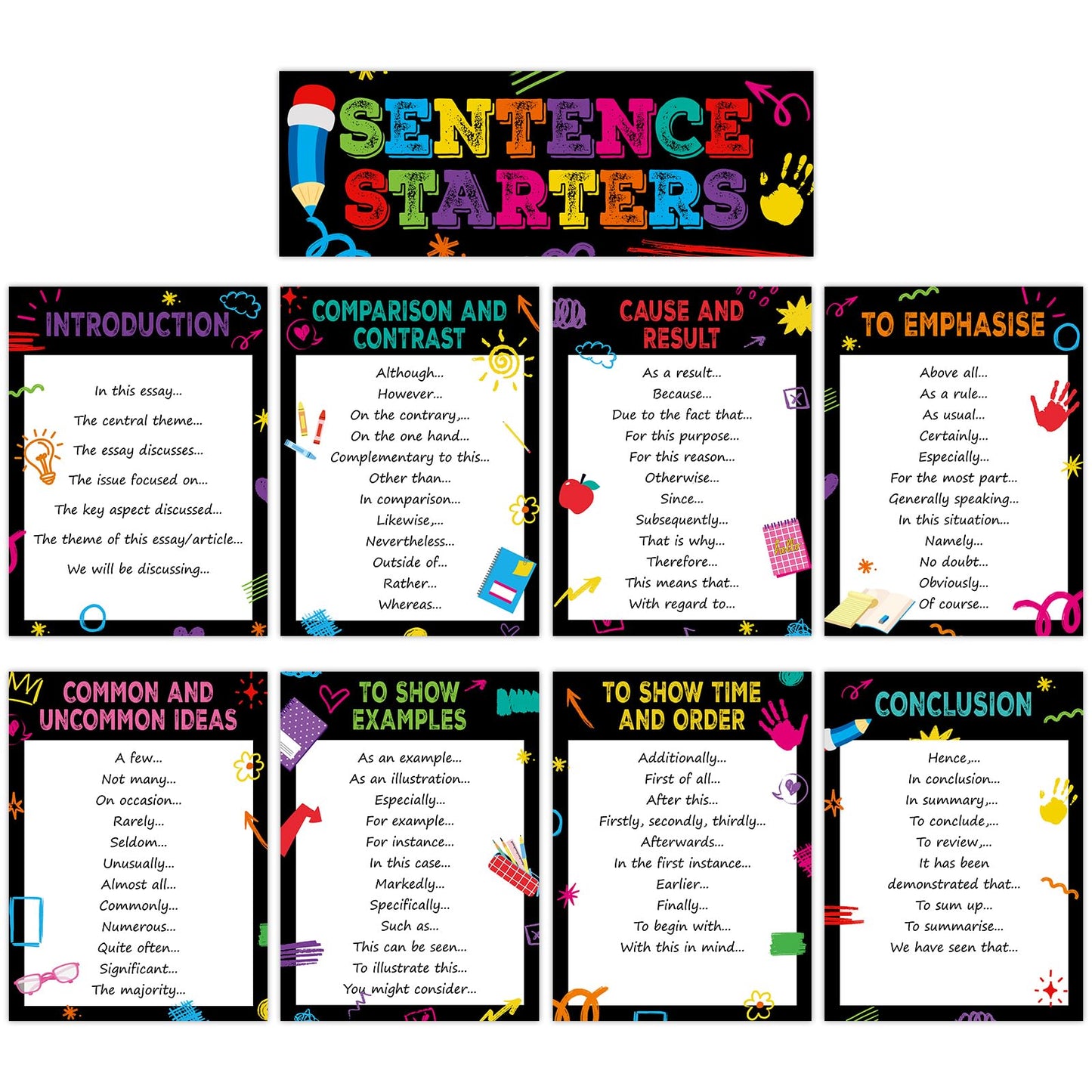 Dunzoom 9 Pieces Sentence Starters Posters Descriptive Vocabulary Classroom Educational Posters English Grammar Chart Bulletin Board Decoration for Middle High School Classroom (Bulletin Board Style)