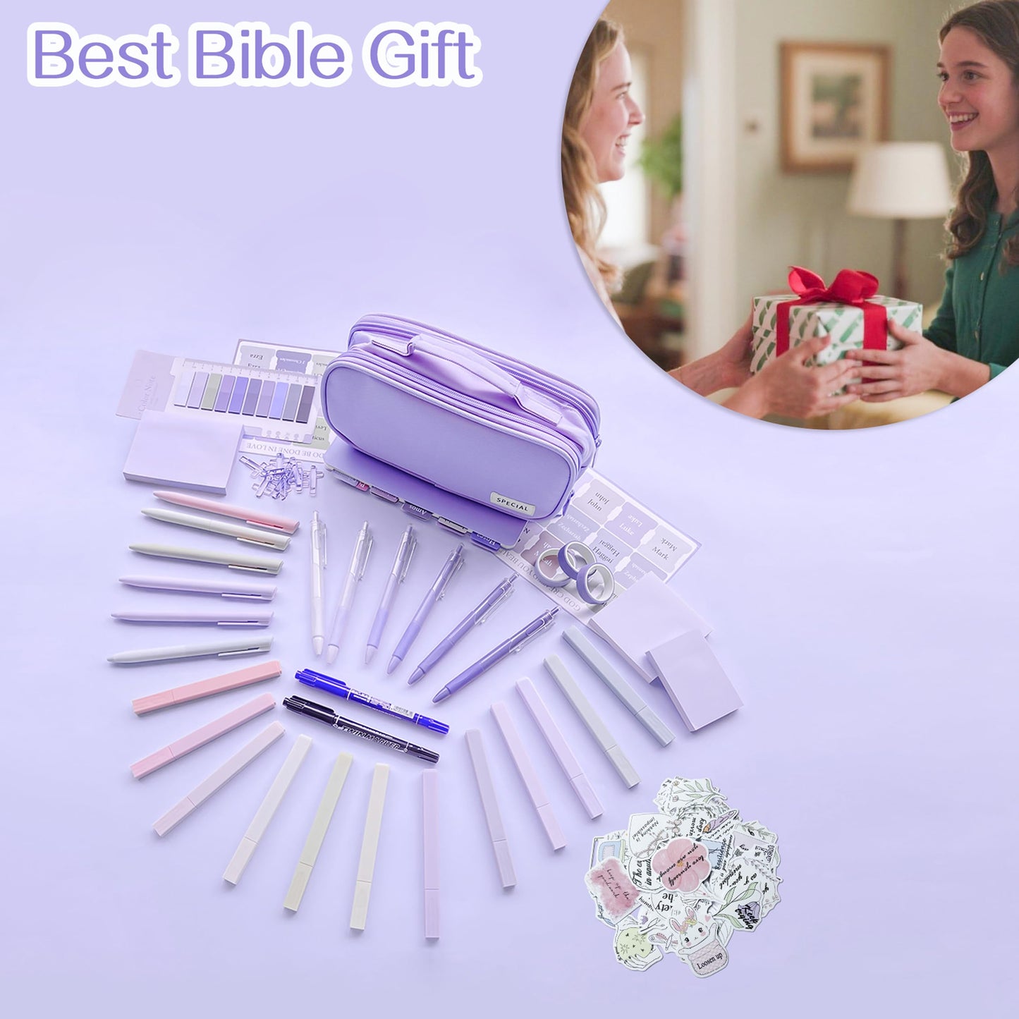 J6&H6 170Pcs Complete Bible Study Supplies Journaling Kit with Tabs, Highlighters and Color Pens, Notebook,Stickers & More Bible Accessories Set for Women, Beginner Christian Gifts(Purple)