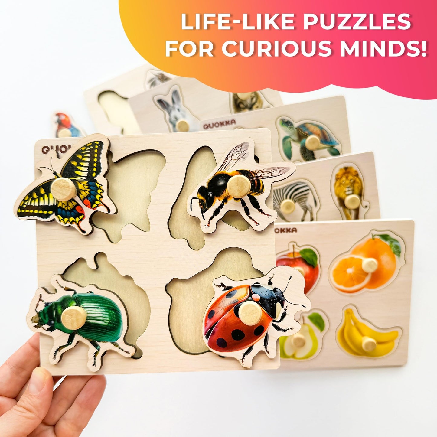 QUOKKA Wooden Puzzles for Toddlers 1-3 – 6 Pegged Puzzles for Kids Ages 2-4 – Animal and Fruits Learning Toy for Kids – Gift Realistic Educational Game for Boy and Girl