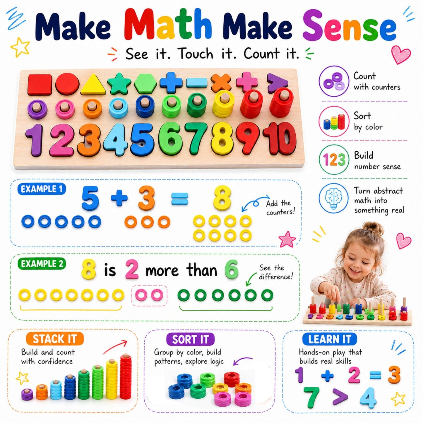 GeroCrew Wooden Montessori Toys for Kids Toddler Number Puzzles Sorter Counting Shape Stacker Stacking Game Preschool Toys for Boy Girl Learning Education Math Blocks Year Old Girl Gifts (Rainbow)