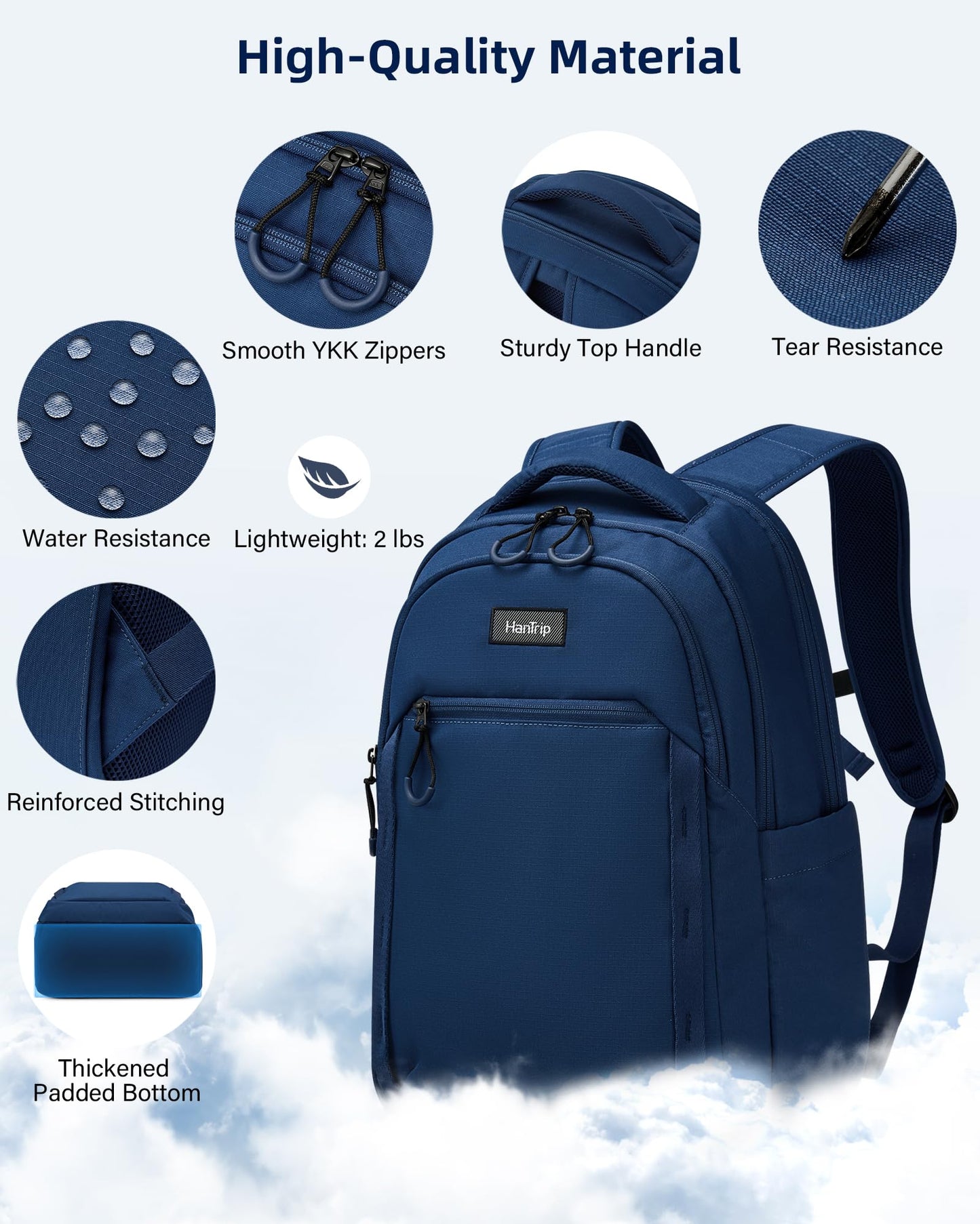HanTrip Travel Laptop Backpack for Women Men, 18 Inch Large Work Backpack for Commuter College School Book Bags, Water Resistant Backpack with Luggage Strap Water Bottle Pocket Chest Strap, Navy Blue