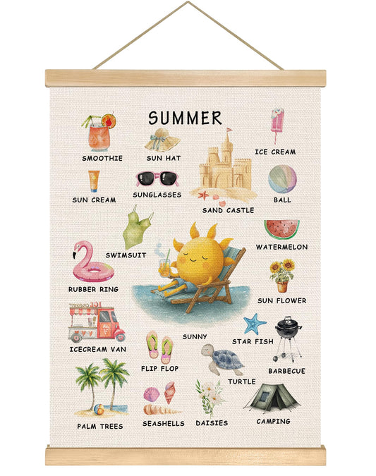 Boho Season Wall Art Decor,4 Seasons Nursery Education Canvas Poster,Cute Watercolor Pattern Design,Seasonal Word Learning Poster for Classroom, Playroom,Kids Room Decor 14x18.5inch (Warm-summer)
