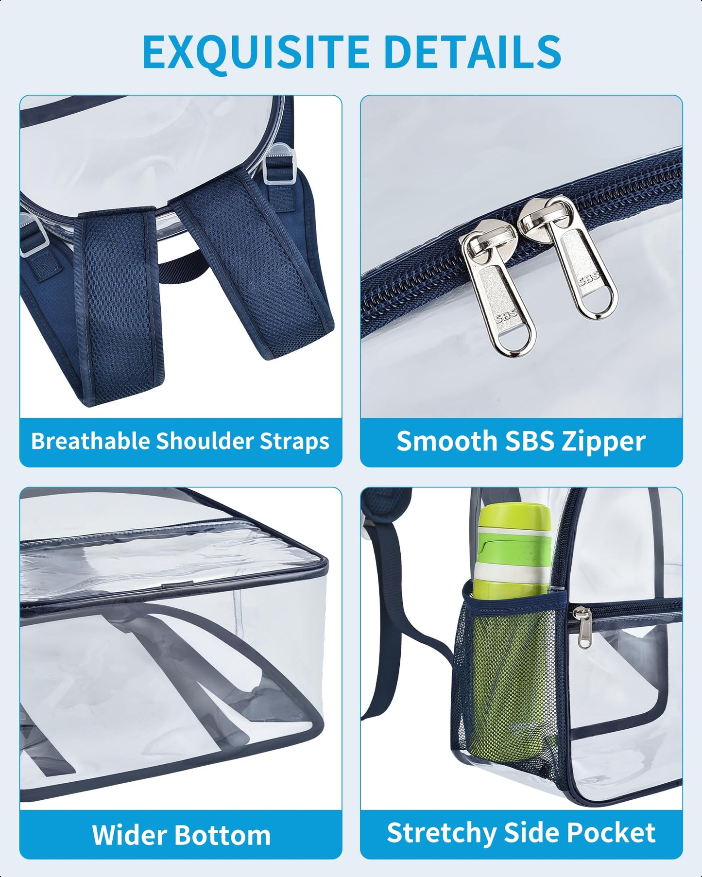 Paxiland Clear Backpack Stadium Approved 12×12×6 with Reinforced and Wider Shoulder Straps, Small Clear Bag for Schools, Concerts, Work, Festivals and Sporting Events - Navy
