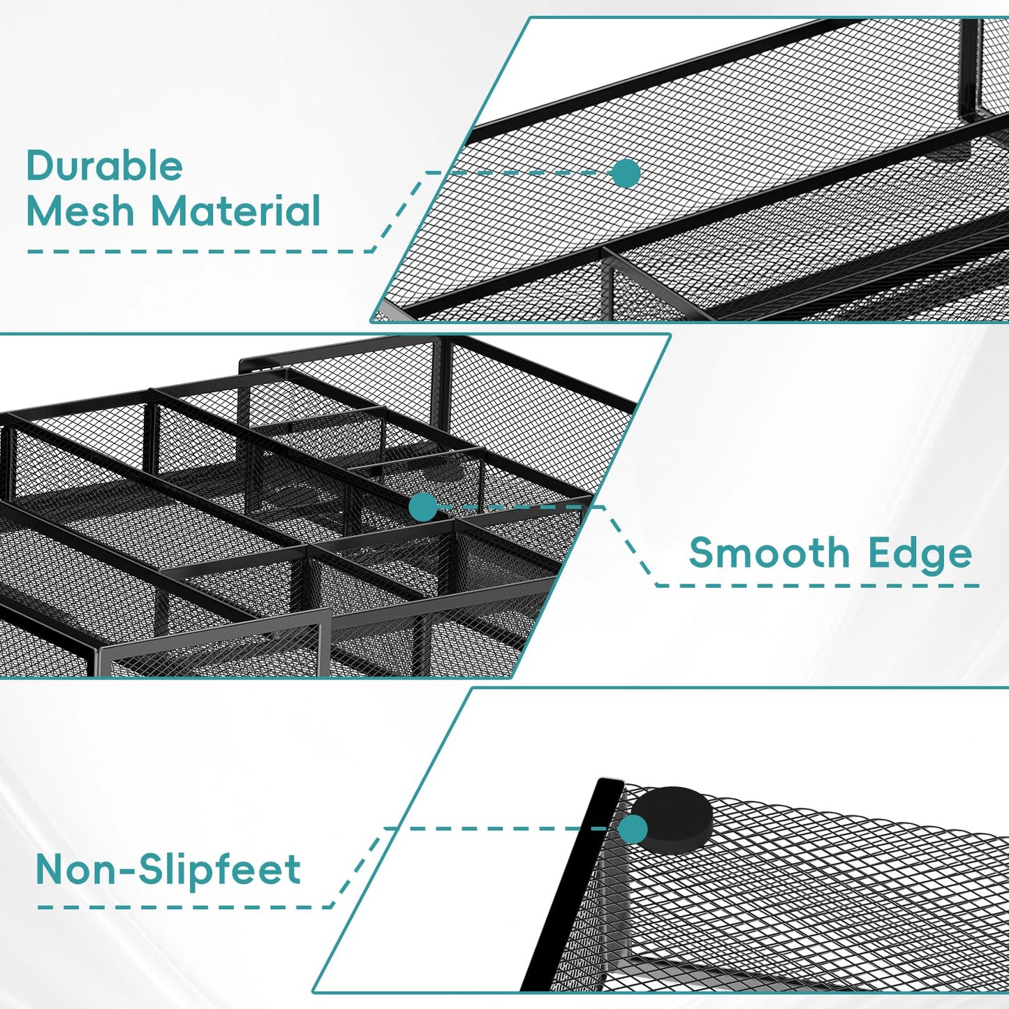 ReePlan 2 Pack Expandable Desk Drawer Organizer Tray with 10 Adjustable Compartments Metal Mesh Office Drawer Organizer for Home, School Supplies, Makeup Vanity & Jewelry (Black)