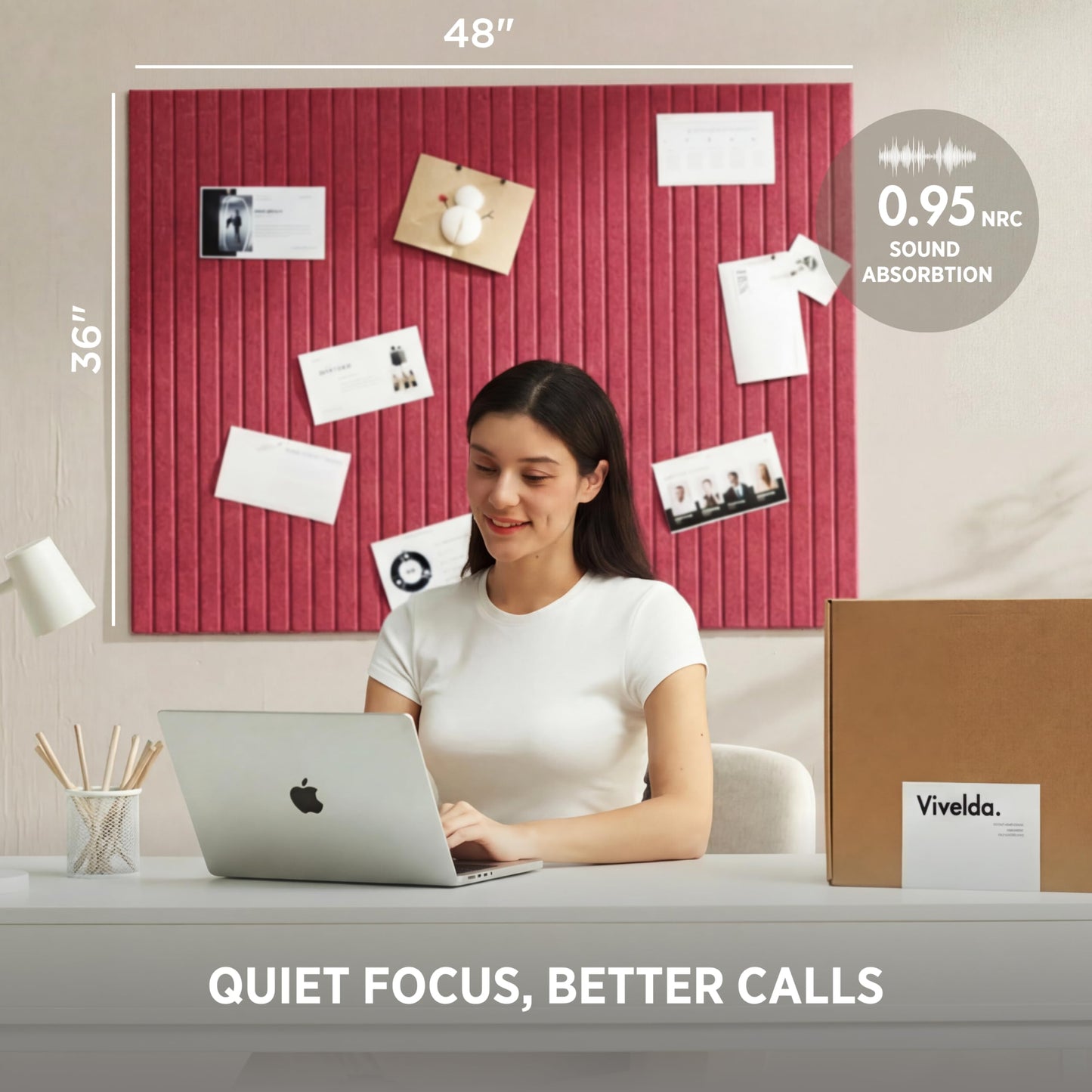 VIVELDA Felt Bulletin Board Tiles 48"x36" - 12-Pack Cork Board Alternative, Oeko-TEX Certified, NRC 0.95 Acoustic Wall Panels, Damage-Free Adhesive, Slatted Design, Home Office & Classroom (Burgundy)