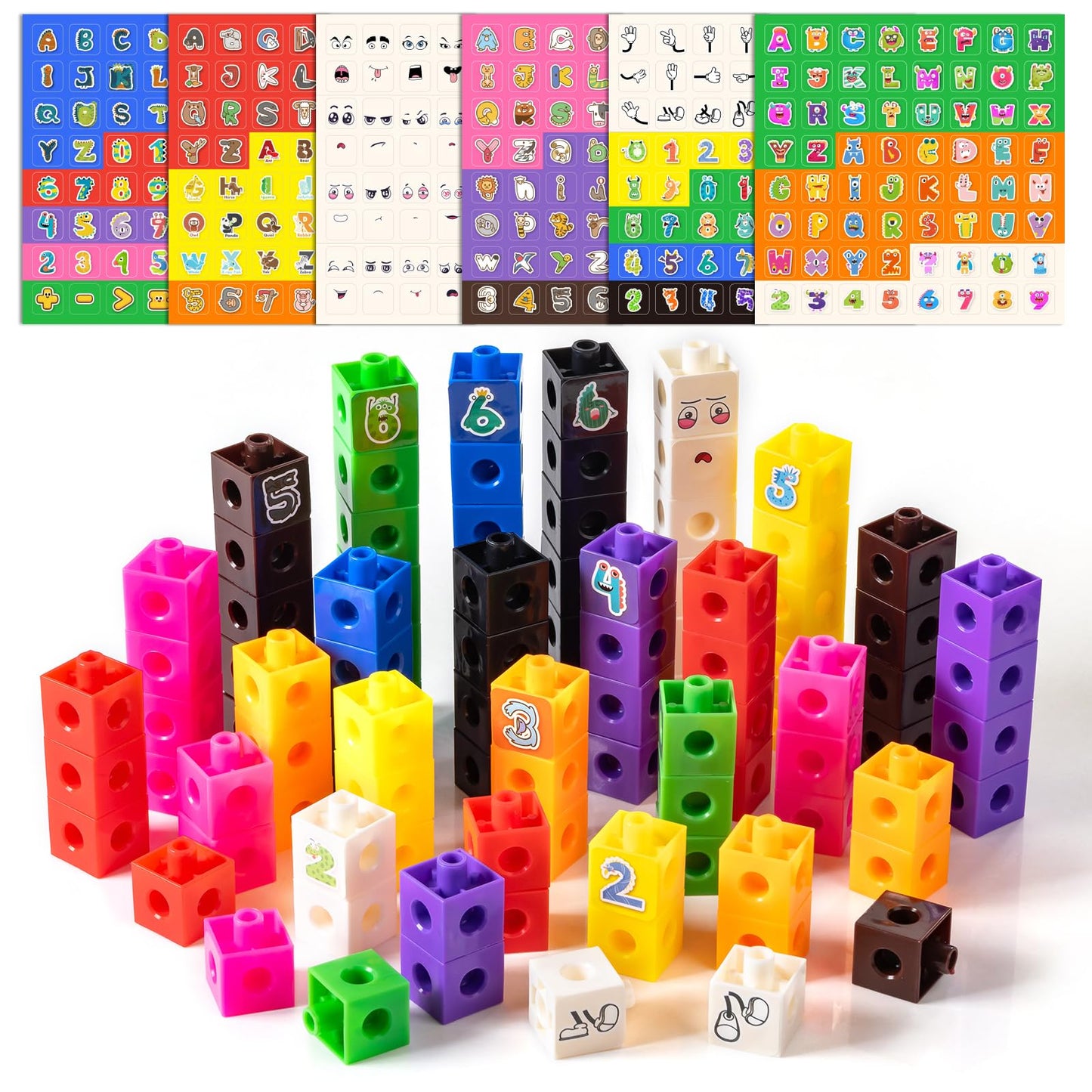 Odoorgames 100 Pcs Math Linking Cubes with 384 Cartoon Stickers - STEM Counting Cubes & Math Manipulatives for Kids, Learning Activities for Kindergarten & Elementary School