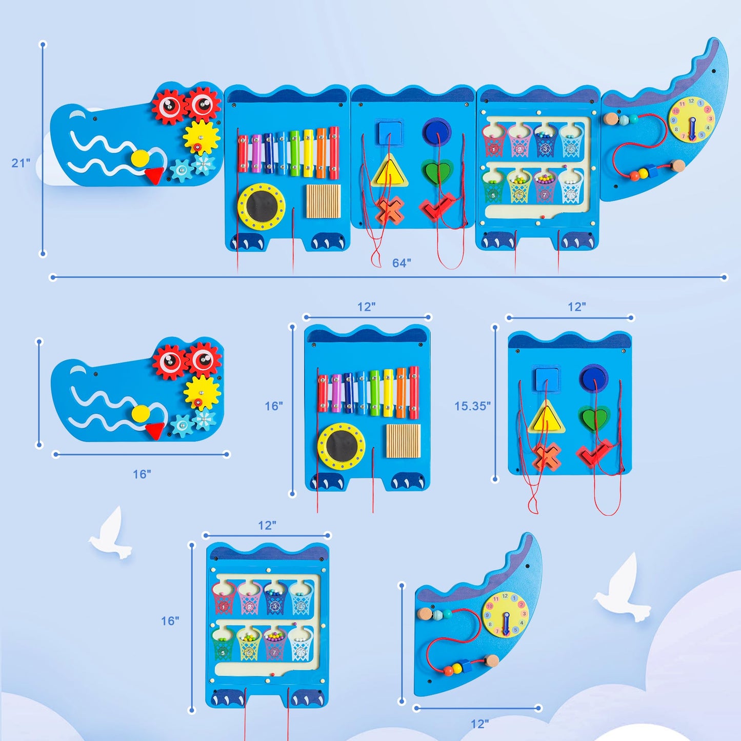 nigwet Crocodile Sensory Toys Activity Wall Panels, Educational Montessori Busy Board for Toddlers, Activity Cube - Sensory Wall, Wooden Learning Toys, Interactive Toy, Blue