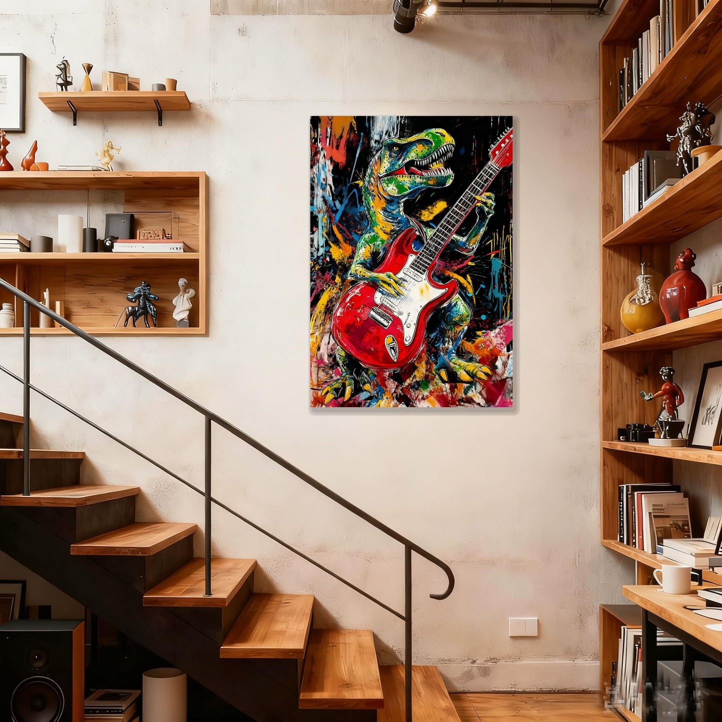 16x24 Graffiti Guitar T-Rex Wall Art Modern Rock Picture Framed Canvas Gallery Pop Prints Cartoon Home Office Decor DJ Dinosaur Urban Posters Funny Bedroom Living Room Kids Nursey Teen Boys Men