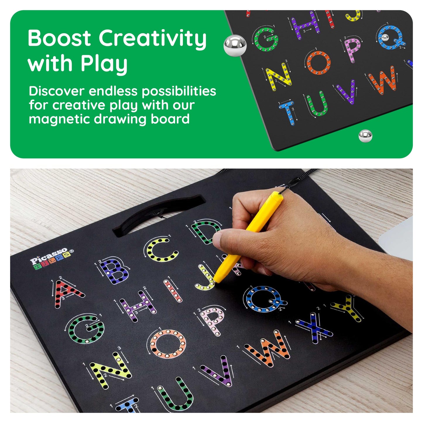 PicassoTiles 2in1 Magnetic Drawing Board Toy 12x10 In Large Magnet Bead Pad with Alphabet and Math Side in Black STEM Educational Writing Playboard Reusable Erasable Learning Tablet for Kids PTB02-BLK