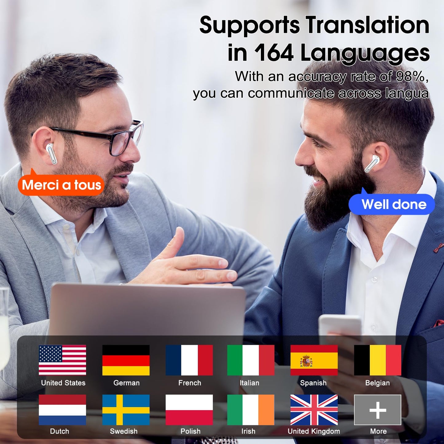 Csasan Ai Translation Earbuds Real Time,3-in-1 Buletooth 5.3 Translator Earbuds with 6 Translation Modes/164 Languages,No Subscription Required Translatior Headphones, Gray