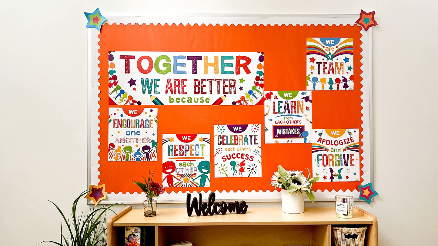 Sproutbrite 7 Educational Posters & Charts - Big Banner 13.5" x 39" Smaller 12" x 13.5" - Together We Are Better Banner & Teacher Posters - Bulletin Board and Wall Decor for Pre, Elementary and Middle School - Promotes Respect, Teamwork, and Positive Clas