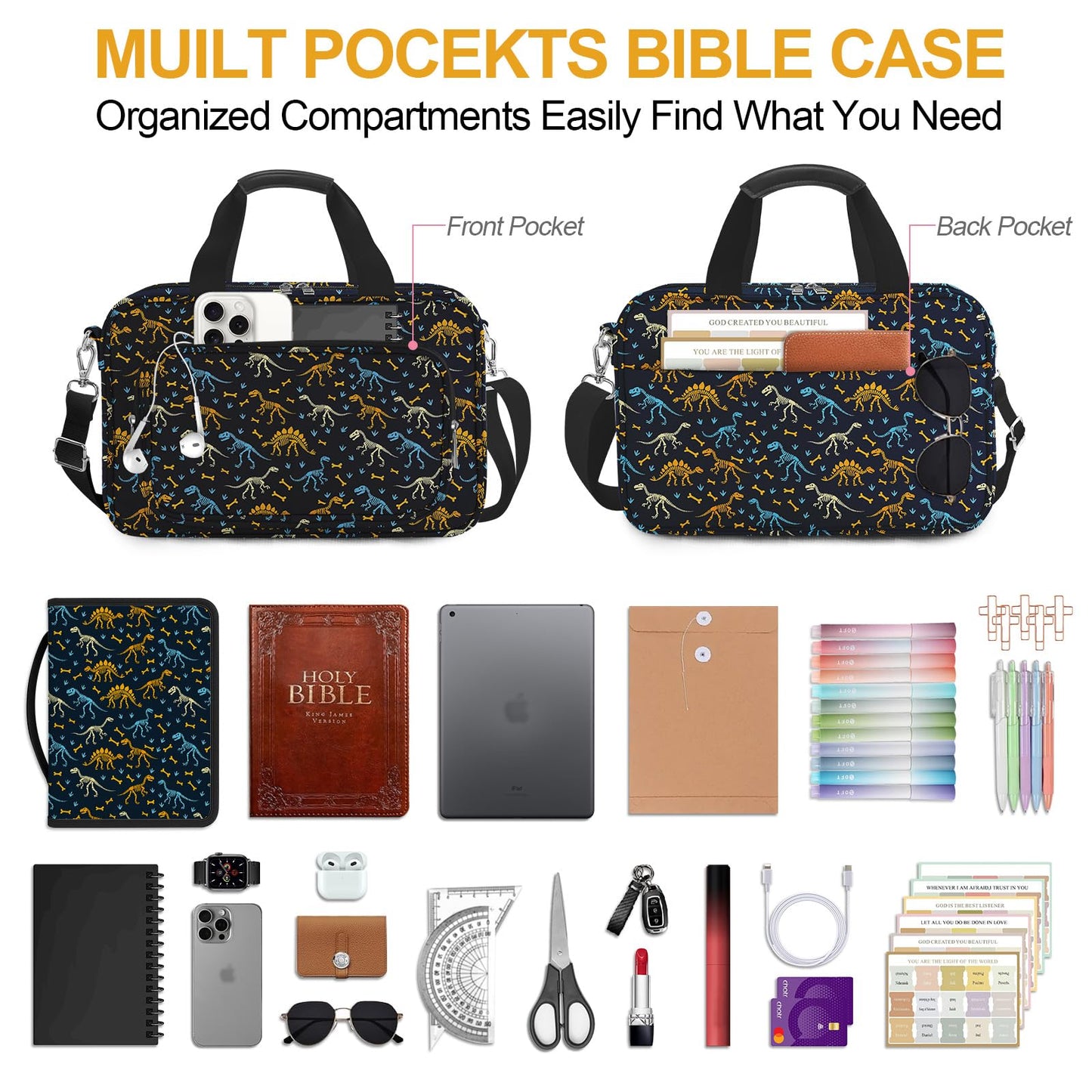 IBOVODI Dinosaur Bible Cover Case for Kids Boys Mens, Large T-rex Bible Carrying Book Case Church Bag Strap Handle Zipper Pocket, Bible Study Supplies Journaling Kit, Highlighters Pens Cross Clips