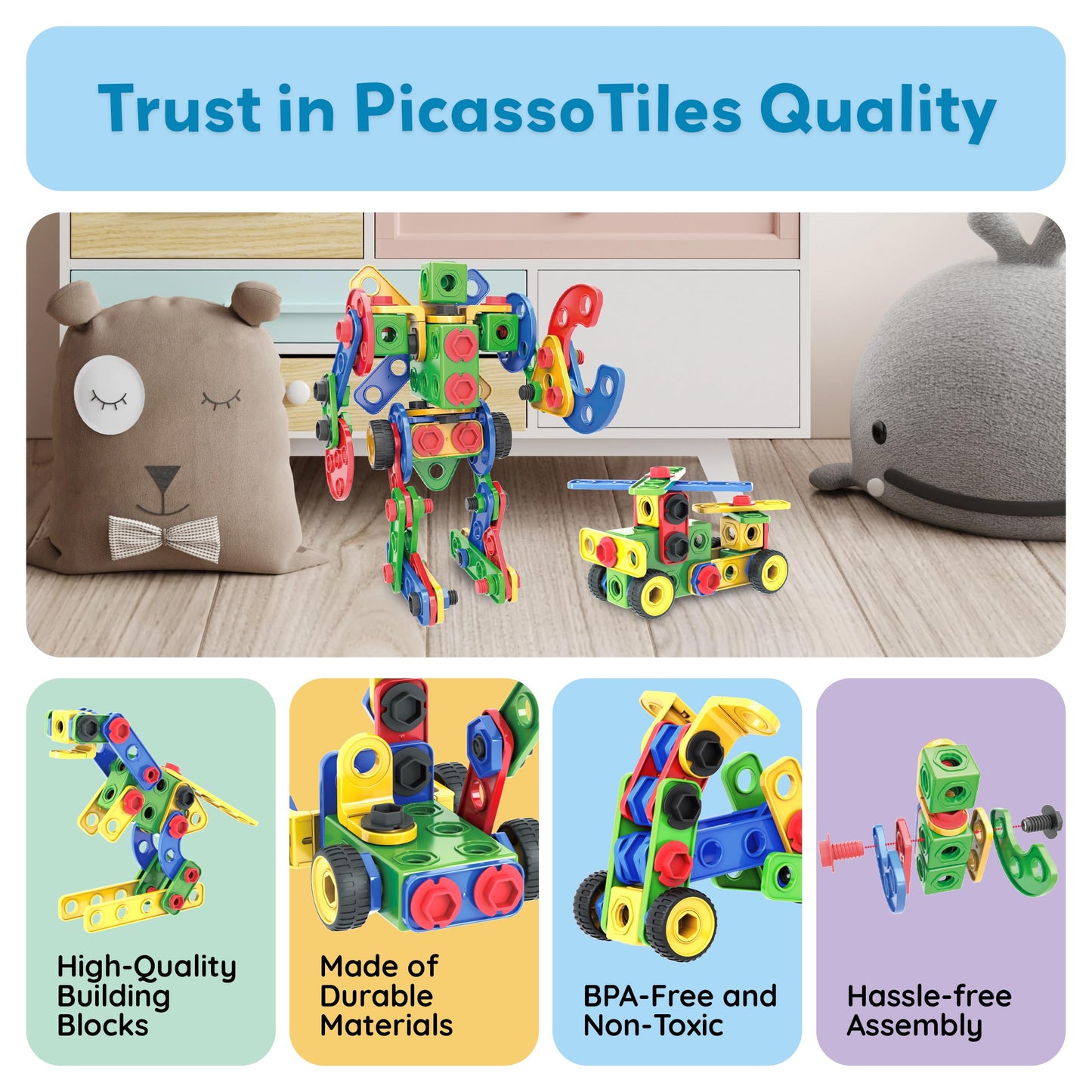 PicassoTiles 152pc STEM Construction Toy Building Set for Kids Ages 3+ Includes Power Drill, Ratchet, Idea Book, Storage Box Educational Engineering Science Kit & Sensory Toys for Boys & Girls PTN152