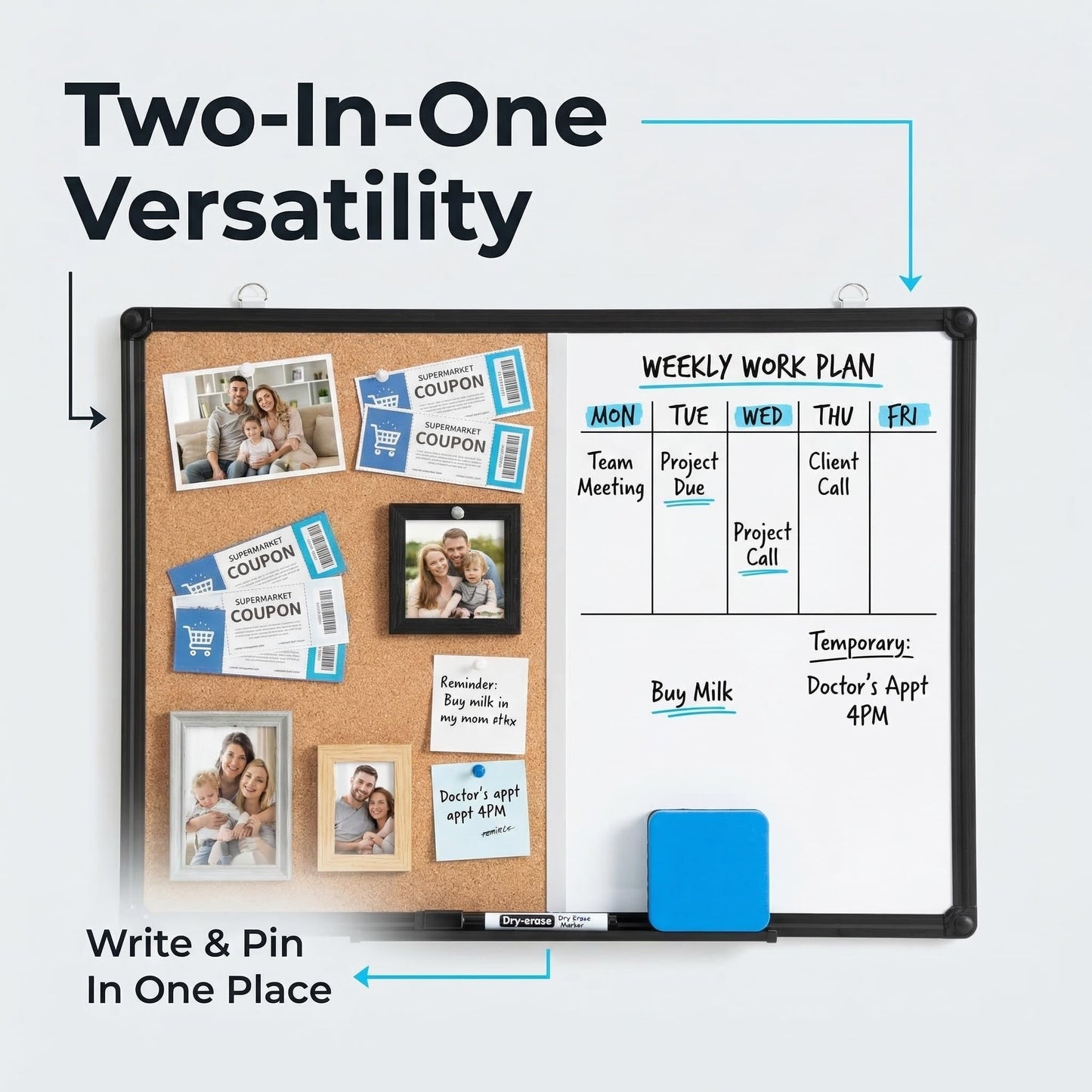 DexBoard Magnetic White Board and Cork Board Combo, 24" x 18" Combination Bulletin & Dry Erase Board, Wall Mounted for Home, School and Office, Black Aluminum Frame