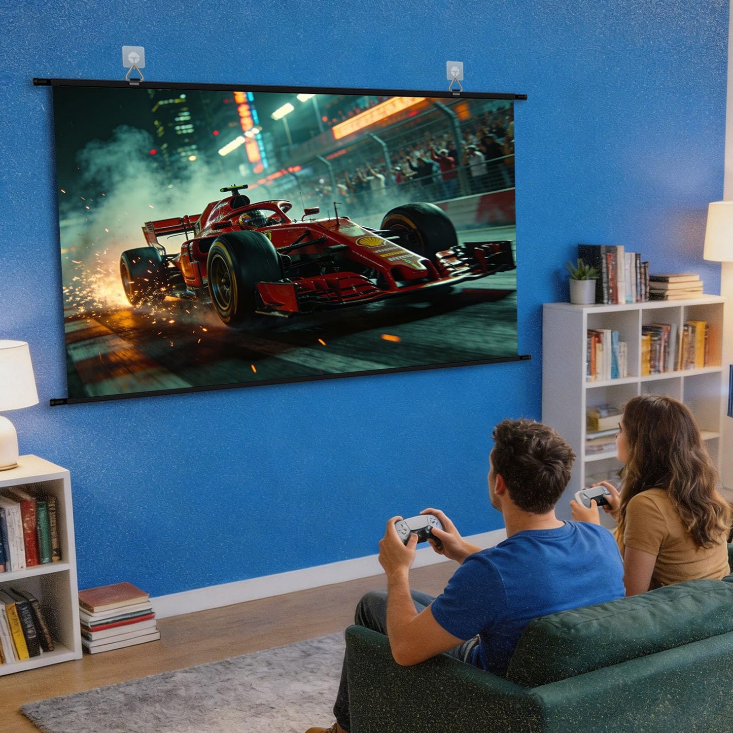 110 inch Projector Screen, XIAOHUI Portable Movie Projector Screen for Outdoor Indoor with 3 pcs Adhesive Hook, 4K Hanging Projection Screen for World Cup Room Wall, Anti-Glare, 16:9 HD