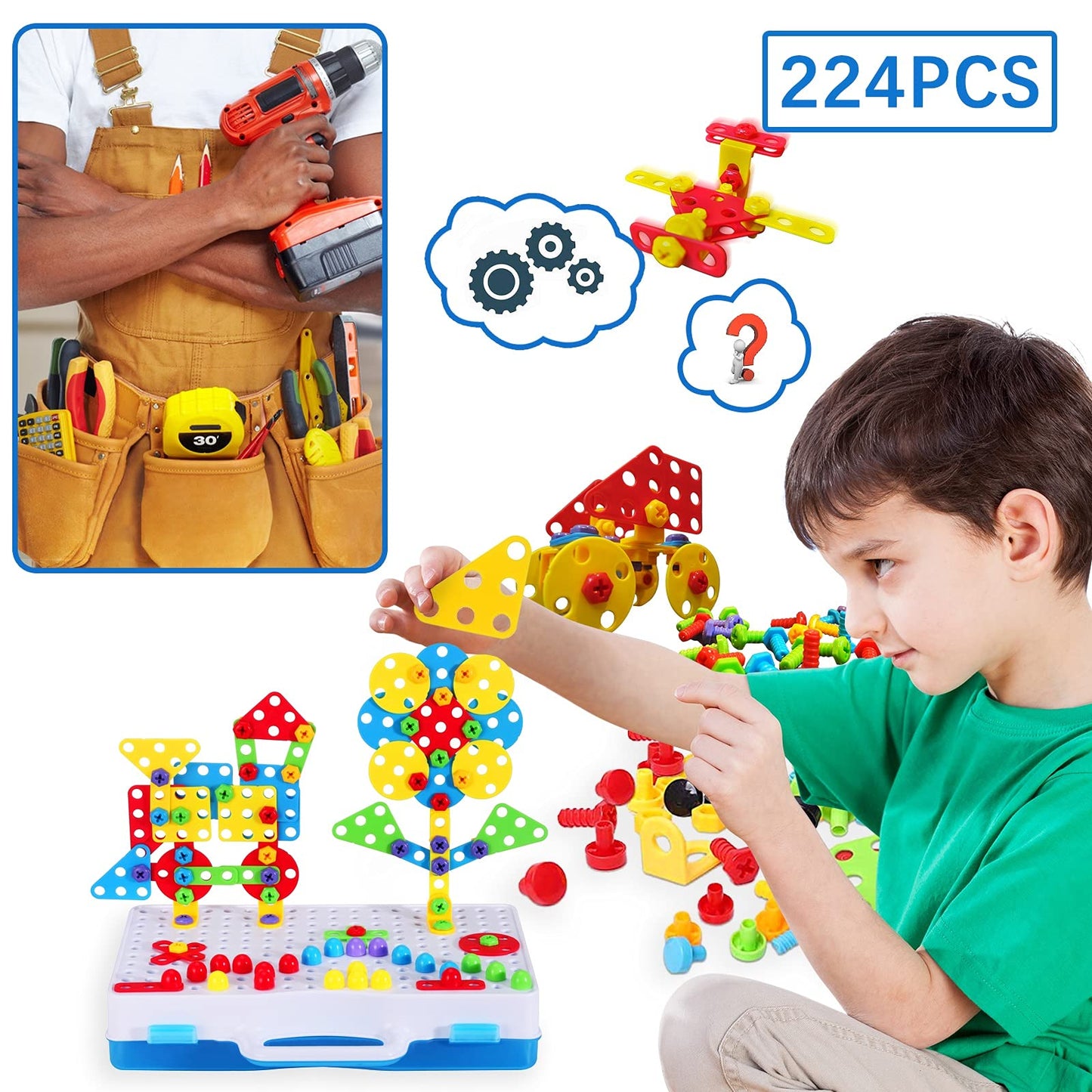 224 PCS STEM Building Toys for Kids Ages 4-8, Creative Mosaic Drill Set with Electric Drill & Screwdriver, 2D/3D Building Blocks Kit, Educational Birthday Gift for 5 6 7 8 9 10 Year Old Boys Girls