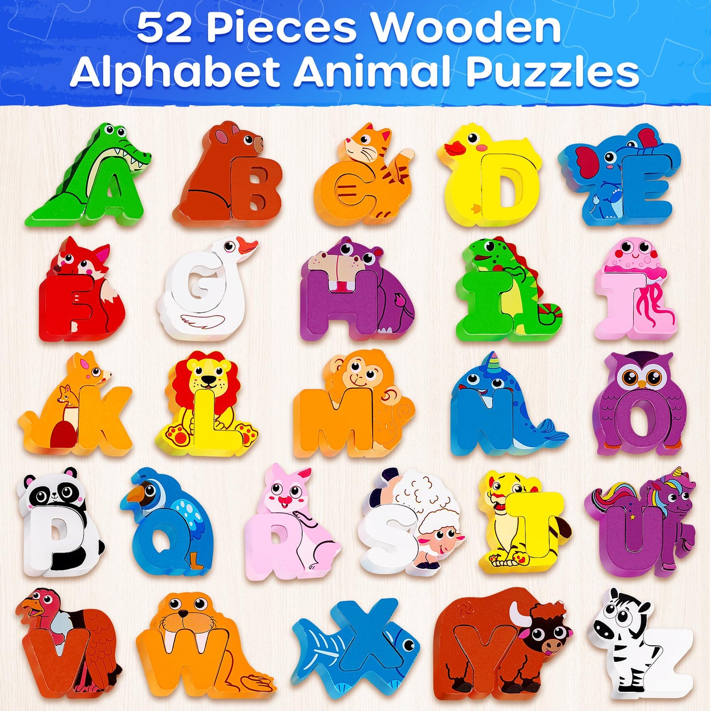 SYNARRY Wooden Alphabet Puzzle, 52 Pieces ABC Puzzles for Kids Ages 3-5, Alphabet ABC Letter Blocks Puzzles for Toddlers 3-5, Animals Letter Matching Preschool Learning Toys, Easter Gifts for Kids