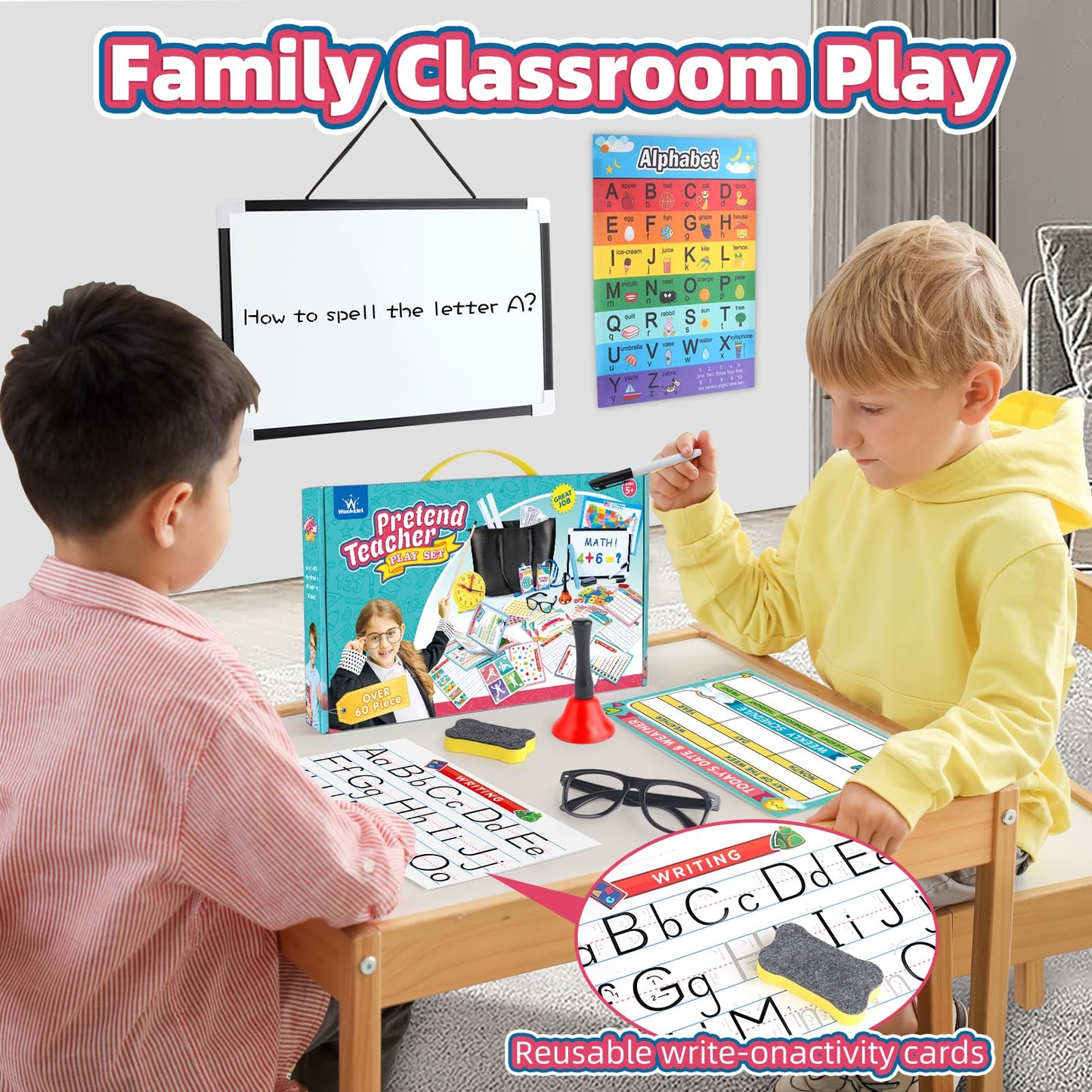 wookidel Pretend Play Teacher Set for Kids with Numbers, Bell, Whiteboard, Learning Clock Over 40 Pieces Included, Pretend Set Toys Gift for Kids Age 5 6 7 8