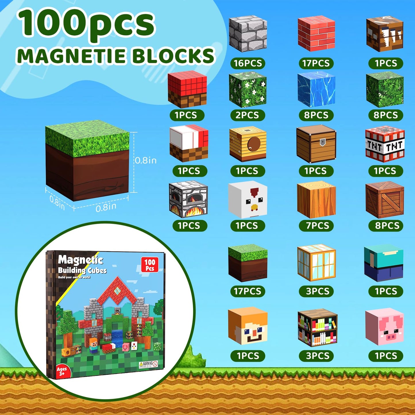 Uneviesyka Magnetic Blocks,100 PCS Magnetic Building Blocks Set STEM Montessori Sensory Educational Construction Cubes Toys,Christmas Birthday Easter Gifts for Kids Boys Girls Toddlers Age 3-10