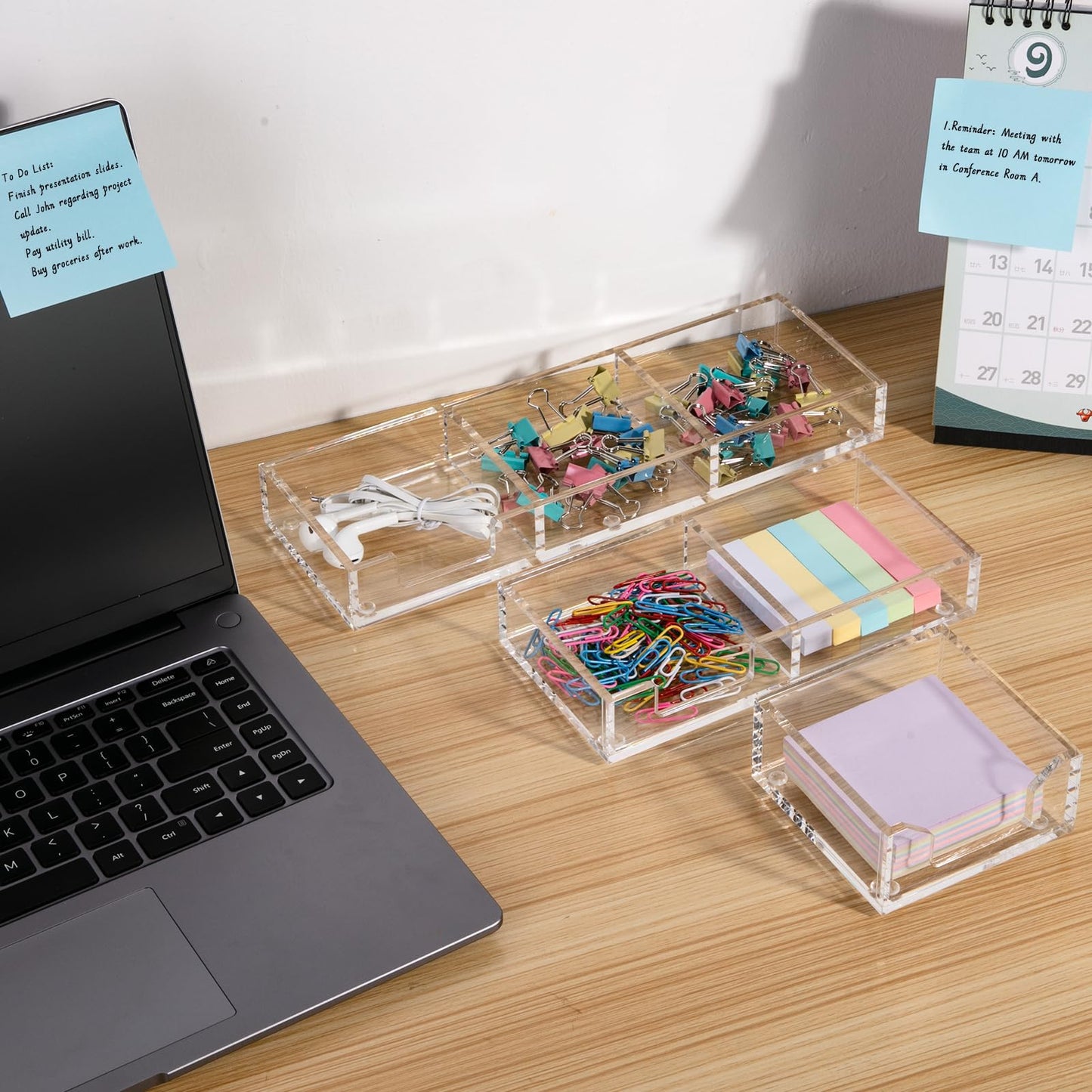 WORHE Sticky Note Holder 3 In 1 Clear Acrylic Self-Stick Memo Pads Holders Desk Organizer for School Office Home, Post Pop Notes Dispenser for 3"X3" Note Pads (BQ211)