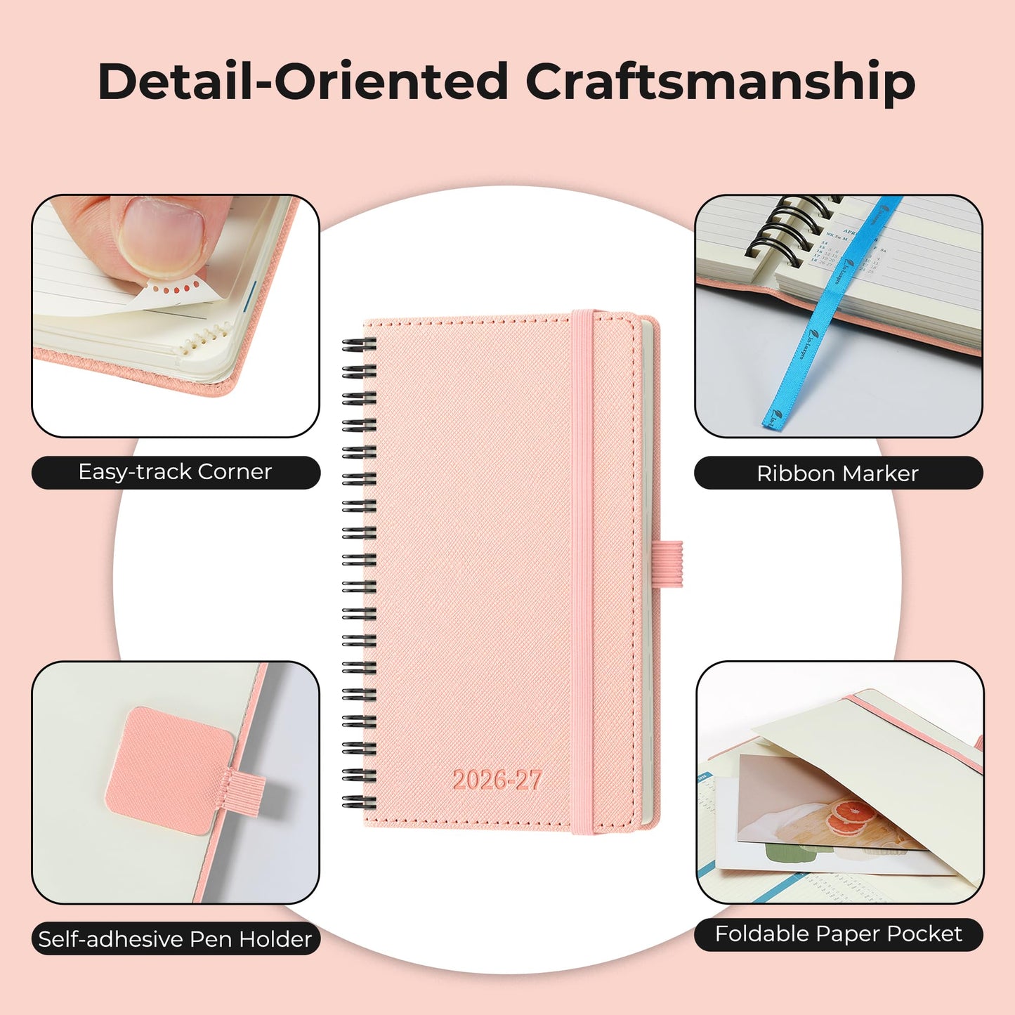 IN-LUXPRO Planner 2026-2027 Daily Weekly and Monthly,6.5"x3.75",18 Months Spiral Bound Calendar Agenda with Self-adhesive Pen Holder,2026 Academic Plan with Vegan Leather Soft Cover,Pink