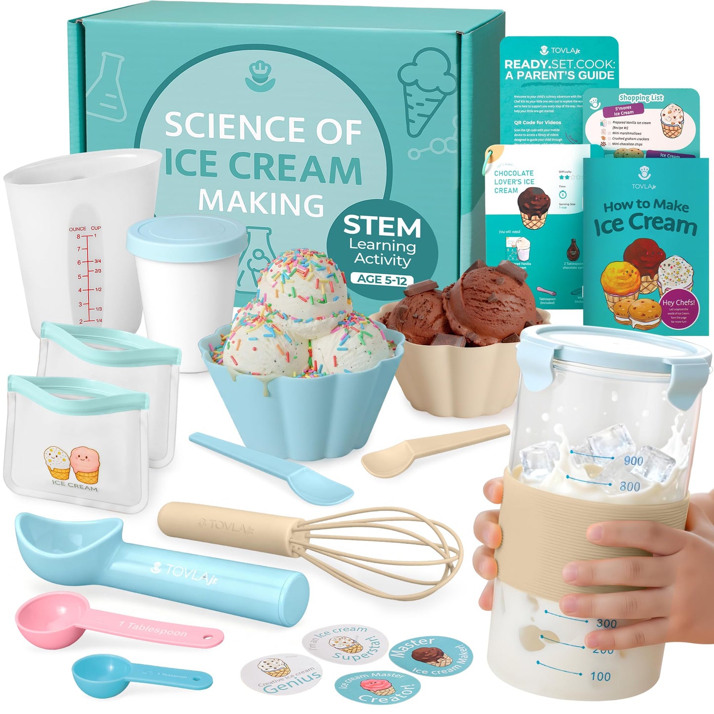 Tovla Jr. Kids Ice Cream Science Kit | Make Real Ice Cream with Reusable Tools | STEM Learning Activity & Gift Set Ages 5–12 | Includes Visual Recipes, Scoop, Bowls & Shaker