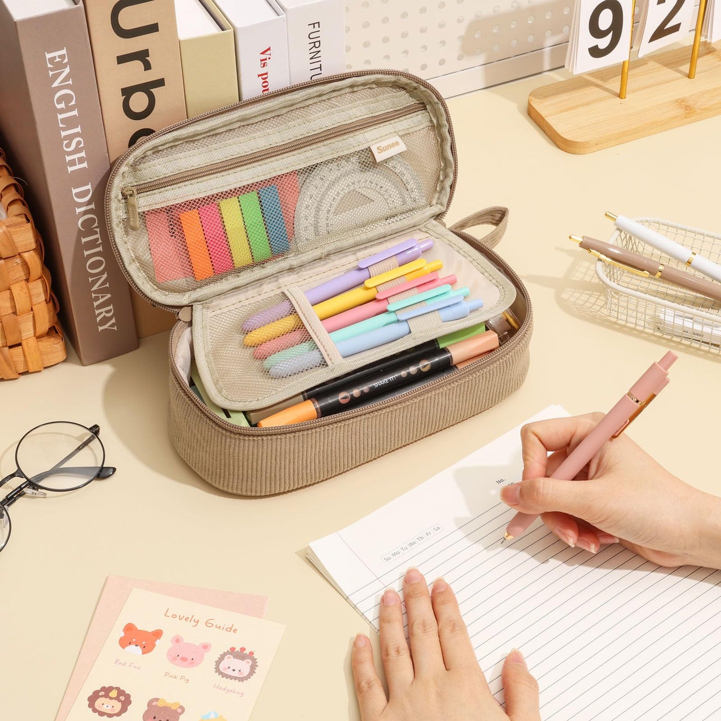 SUNEE Cute Pencil Case, Large Capacity Pencil Pouch, Soft Corduroy Pencil Bag, Big Storage Pen Organizer for Stationery, Aesthetic Zipper Pencil Box, Back to School Supplies for Teen Girls Boys, Khaki