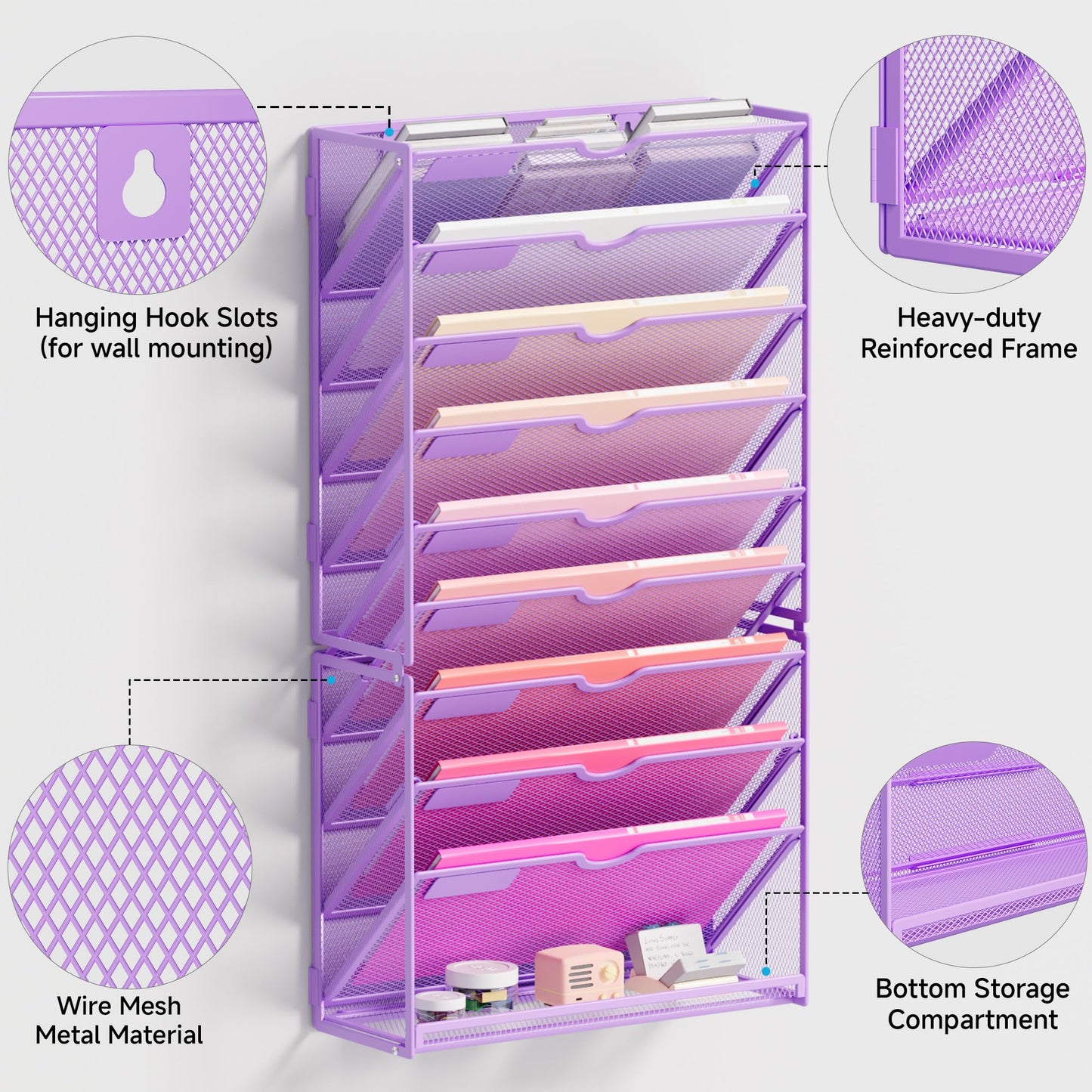 Lavatino Hanging Wall File Folders Organizer - 10-Tier Purple Metal Mesh Paper Magazine Document Mail Holder File Organizer for Office School Home Wall Mount or Desk Supplies Organization