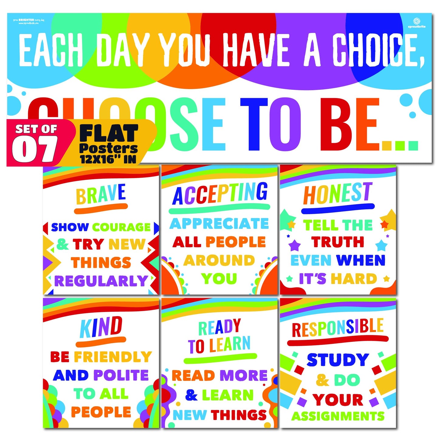 Sproutbrite 7 Educational Posters & Charts - 1 Big Banner 13.5" x 39" and 6 Smaller 12" x 13.5" - Kindness Posters – Motivational Chart and Wall Decor for Pre, Elementary and Middle School - Encourages Positive Choices and Character Development