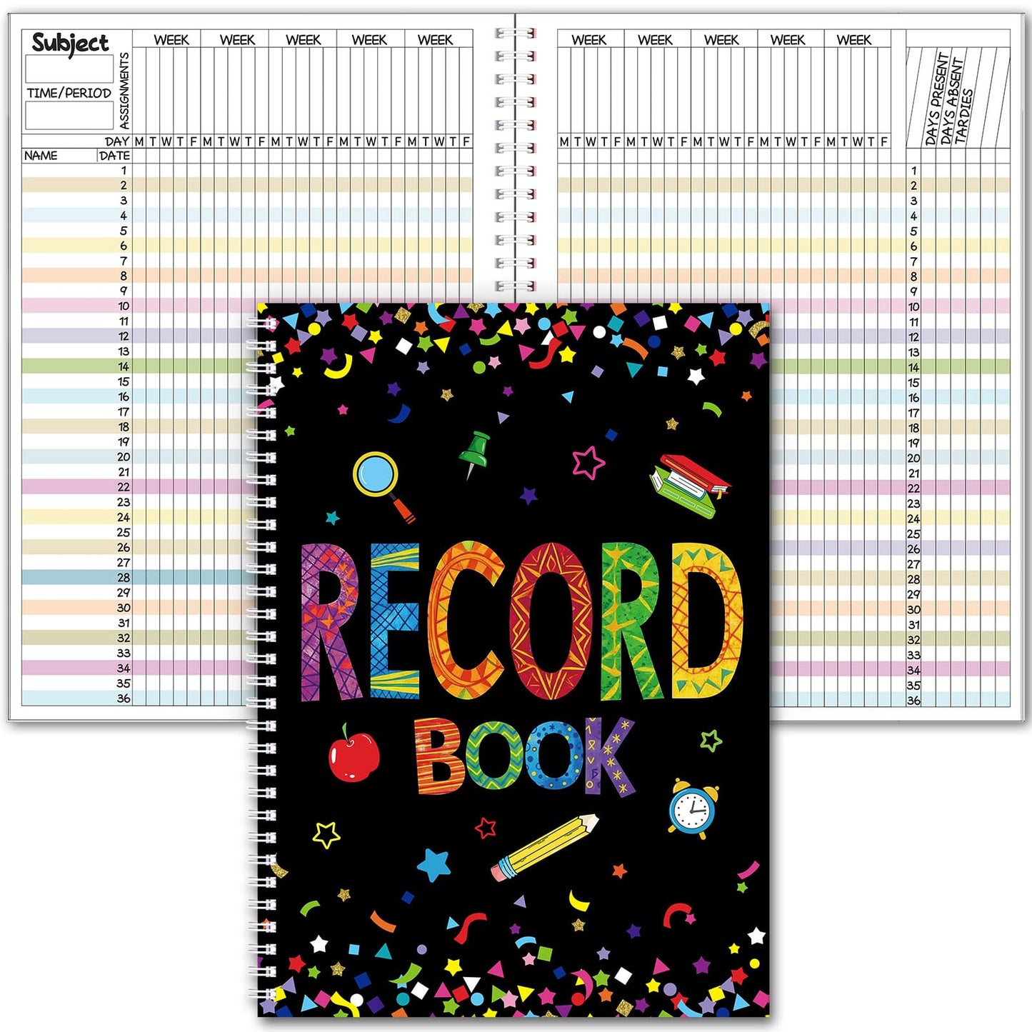 Fuyoooo Teacher Record Book Teacher Grade Books 2026-2027 Spiral Bound Record Planner 2026 Class Grade Book Office Favors for Classroom Attendance Decoration Double Sided(Black, Confetti)
