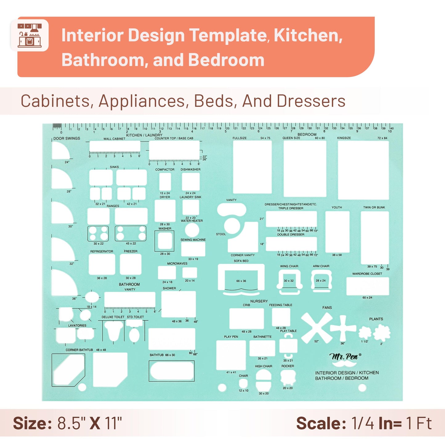 Mr. Pen- House Plan, 3 pcs, Interior Design and Furniture Templates, Clear Flexible Plastic, Drafting Tools, Ruler Shapes for Architecture, 1/4 Inch Scale, Kitchen, Bath, Bedroom, Office, Living Room