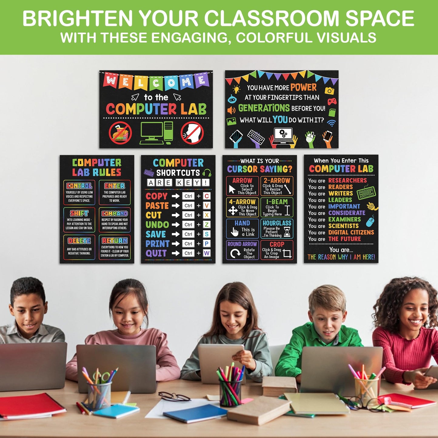 Lalunia 6 Pcs Computer Science Classroom Poster (11x16) - Computer Lab Posters, Teachers Supplies PC Shortcuts, Stem Technology Education Chart, PC Keyboard Wall Art For Kids, Back To School Gifts