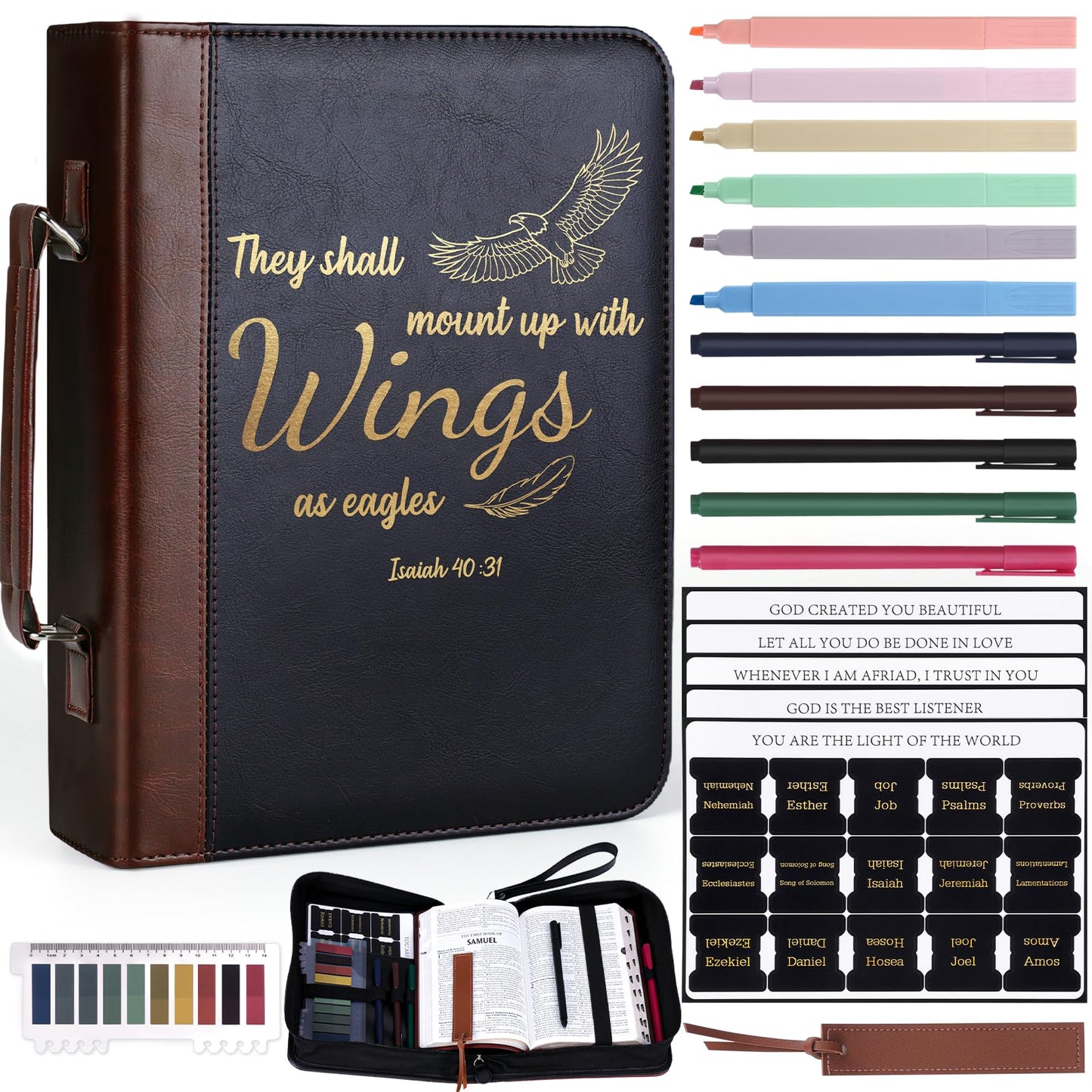 XKDOUS 20 Pcs Leather Bible Cover Kit for Men Brown Bible Cover Case Black Bible Bag with Study Supplies Large Church Bag Holder Carrying Case Fathers Day Gifts for Dad