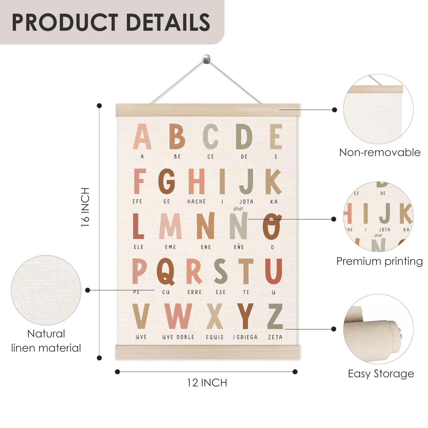 Alphabet Numbers Poster Hanger Frame Set of 2, Nursery Wall Decor, Boho ABC Poster Wall Art with Wooden Frames, Alphabet Banner Wall Hanging Decor for Boy Toddler Room Playroom, 12x16 Inch
