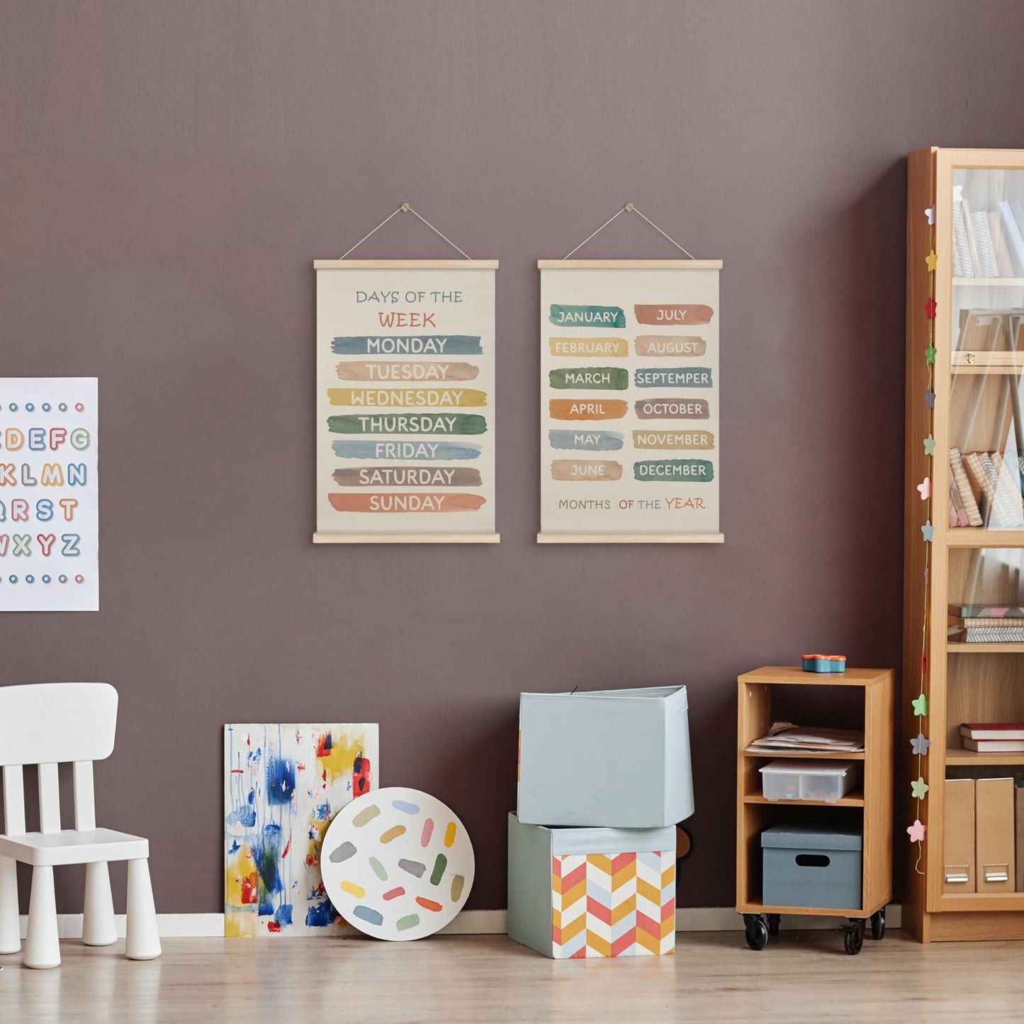 HRQKO Boho Week Month Decor Poster Hanger Frame Set of 2, Educational Posters, Preschool Wall Art with Wooden Frames, Boho Classroom Wall Hanging Banner Decor for Toddlers Room Playroom, 16x24 inch