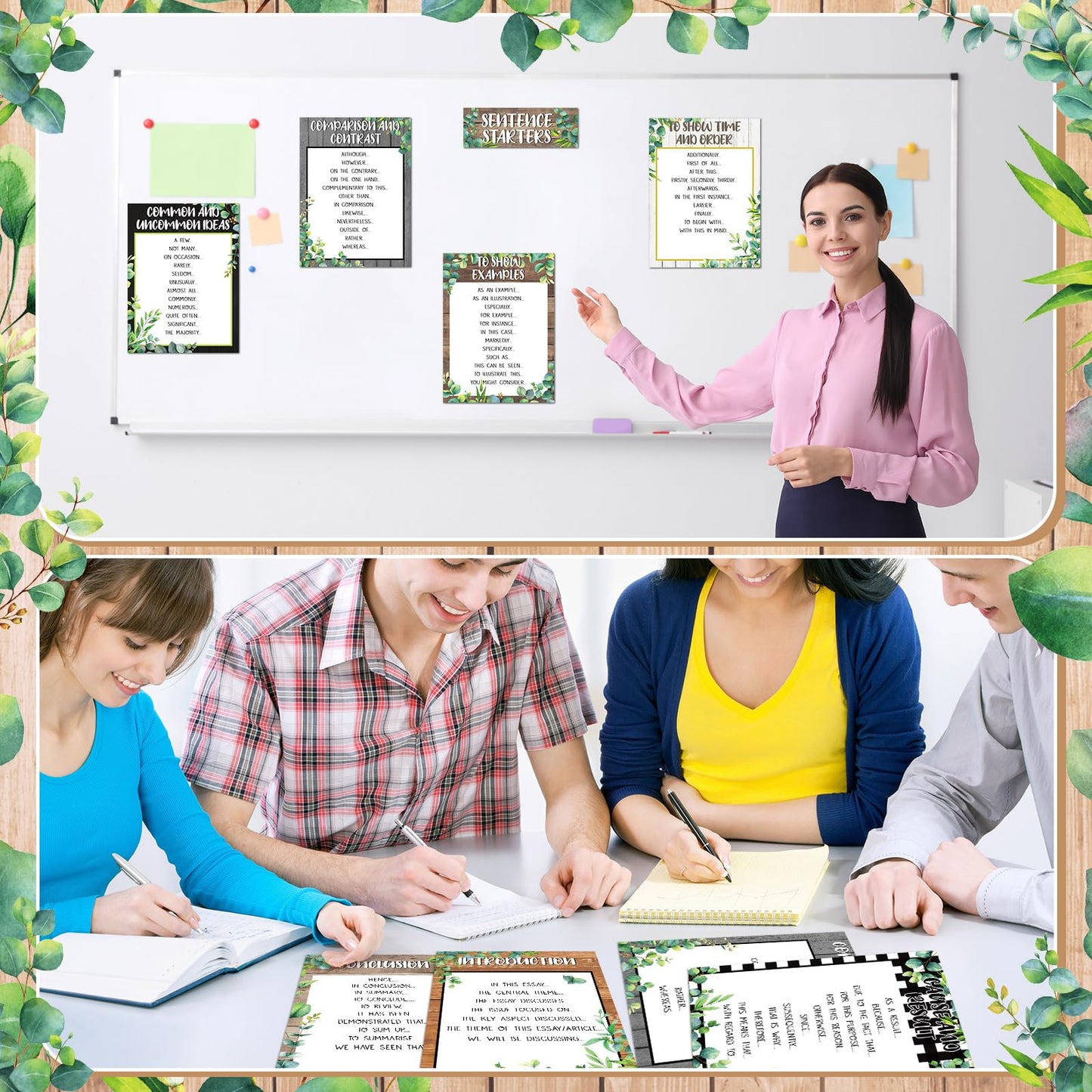Dunzoom 9 Pieces Sentence Starters Posters Descriptive Vocabulary Classroom Educational Posters English Grammar Chart Bulletin Board Decoration for Middle High School Classroom(Greenery Style)