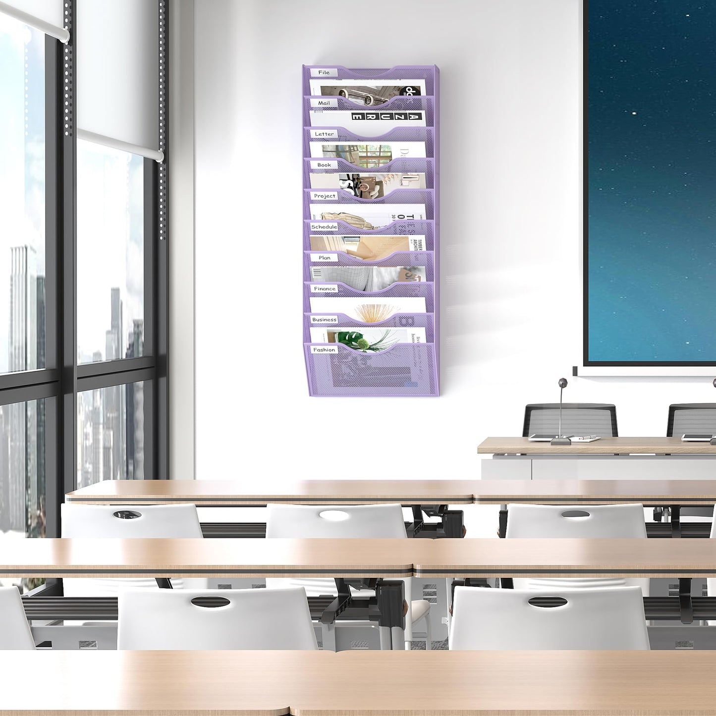 EasyPAG 10 Pocket Mesh Wall File Organizer, Hanging Paper Folder Holder with Classify Label, Vertical Wall Mount Mail Organizer for Office Home Classroom, Purple