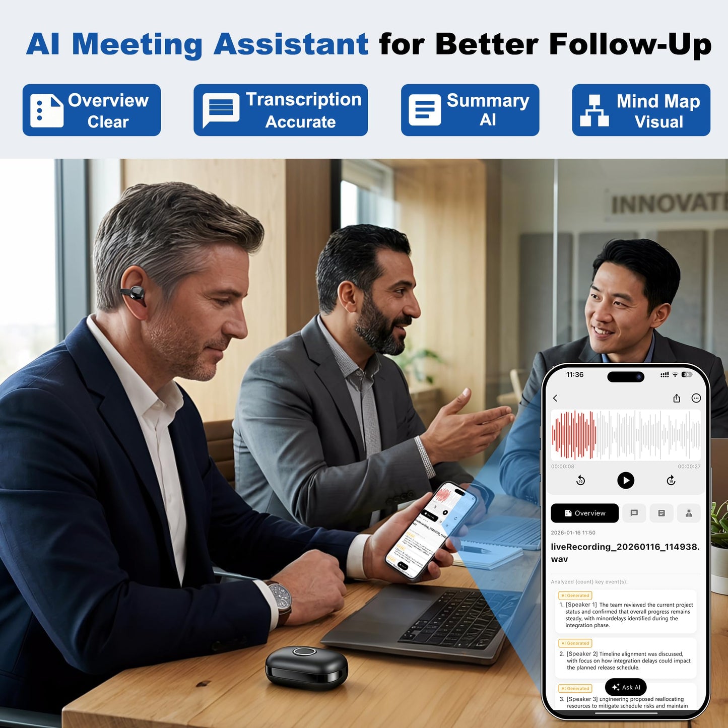 DOSUKE AI Translation Earbuds, 6 Modes Real-Time Bidirectional 40+ Languages, 6H Battery 24H Playtime, Audifonos Traductores Inglés Español, AI Meeting Assistant, Bluetooth 6.0 Open-Ear