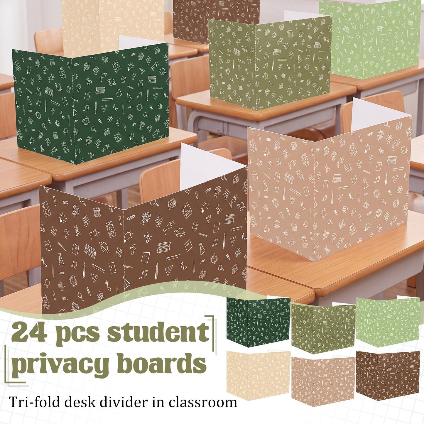 SATINIOR 24 Pcs Privacy Folders for Students, Desk Dividers for Classroom Testing, Trifold Cardboard Privacy Boards, Study Carrels Panel School Teacher Supplies(Stationery Style,Matcha Color)