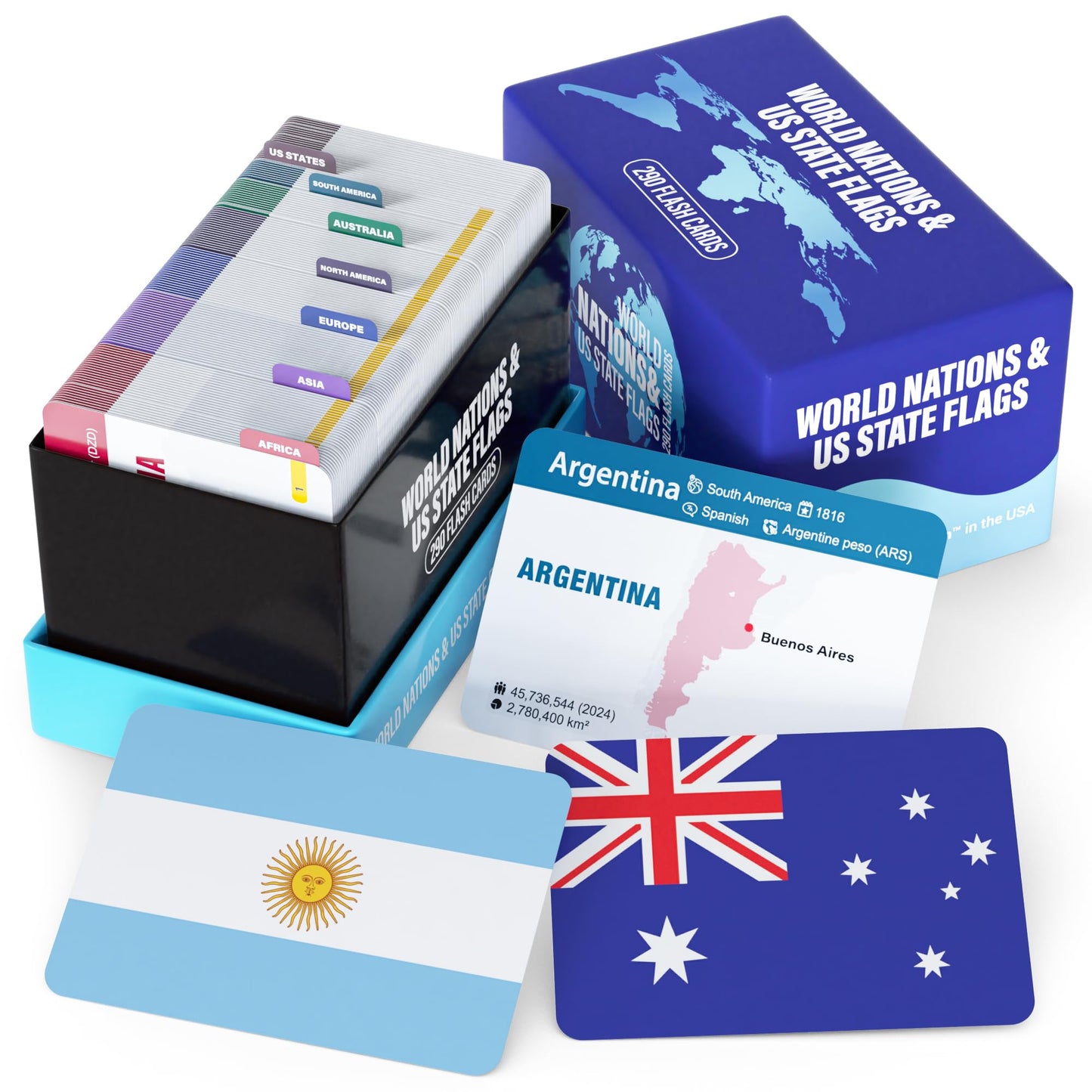 World Nations & US State Flags Flash Cards – 290 Geography Flashcards for Kids Teens Adults, Learn Maps Capitals Currencies Populations – Educational Homeschool Classroom Travel Study Set