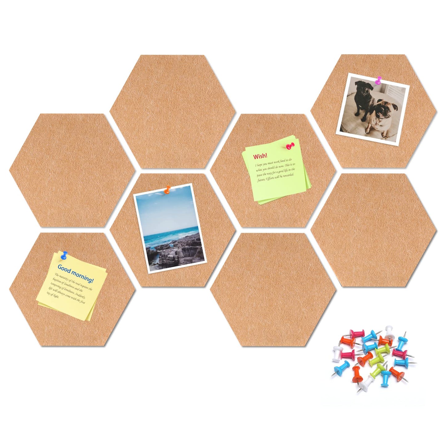 Uoisaiko 12" Large Bulletin Board with 30 Push Pins, Pack of 8 Hexagon Felt Pin Board Notice Boards for Home Office, Felt Wall Tiles for Photos Memos (Brown)