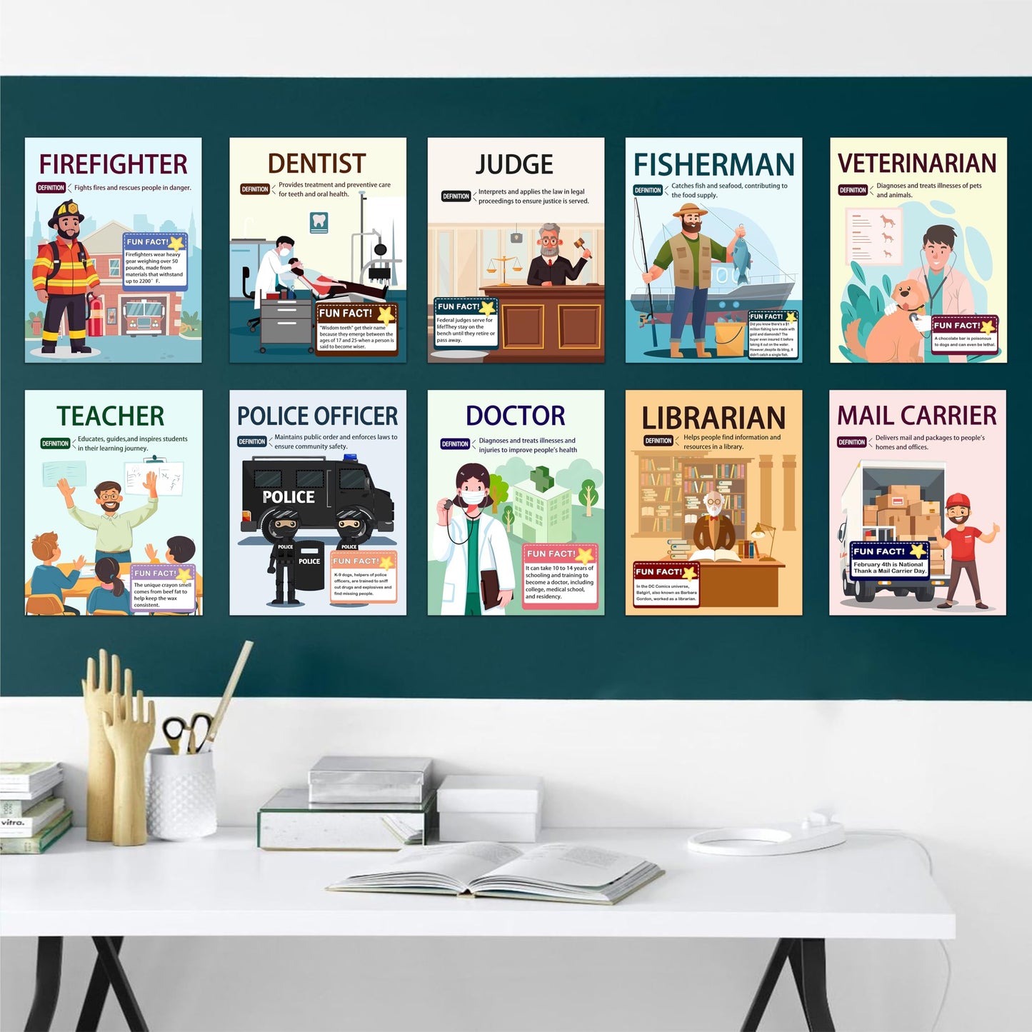 15 Pcs exquisite community assistant posters for classroom and vocational education, helping students easily understand various professions, making them an excellent choice for teacher gifts.8X10inch, Unframed