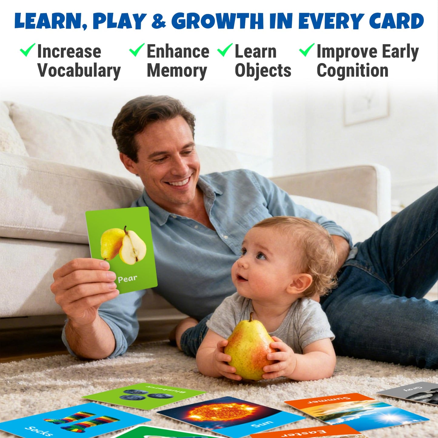 rokt&razo 96 Jumbo Toddler Flash Cards, 10 Topics, 176 Real Images | Alphabet, Numbers, Colors, Shapes & Daily Objects, Fruits - Learning Activities for Ages 1-3, Preschool Educational Tool