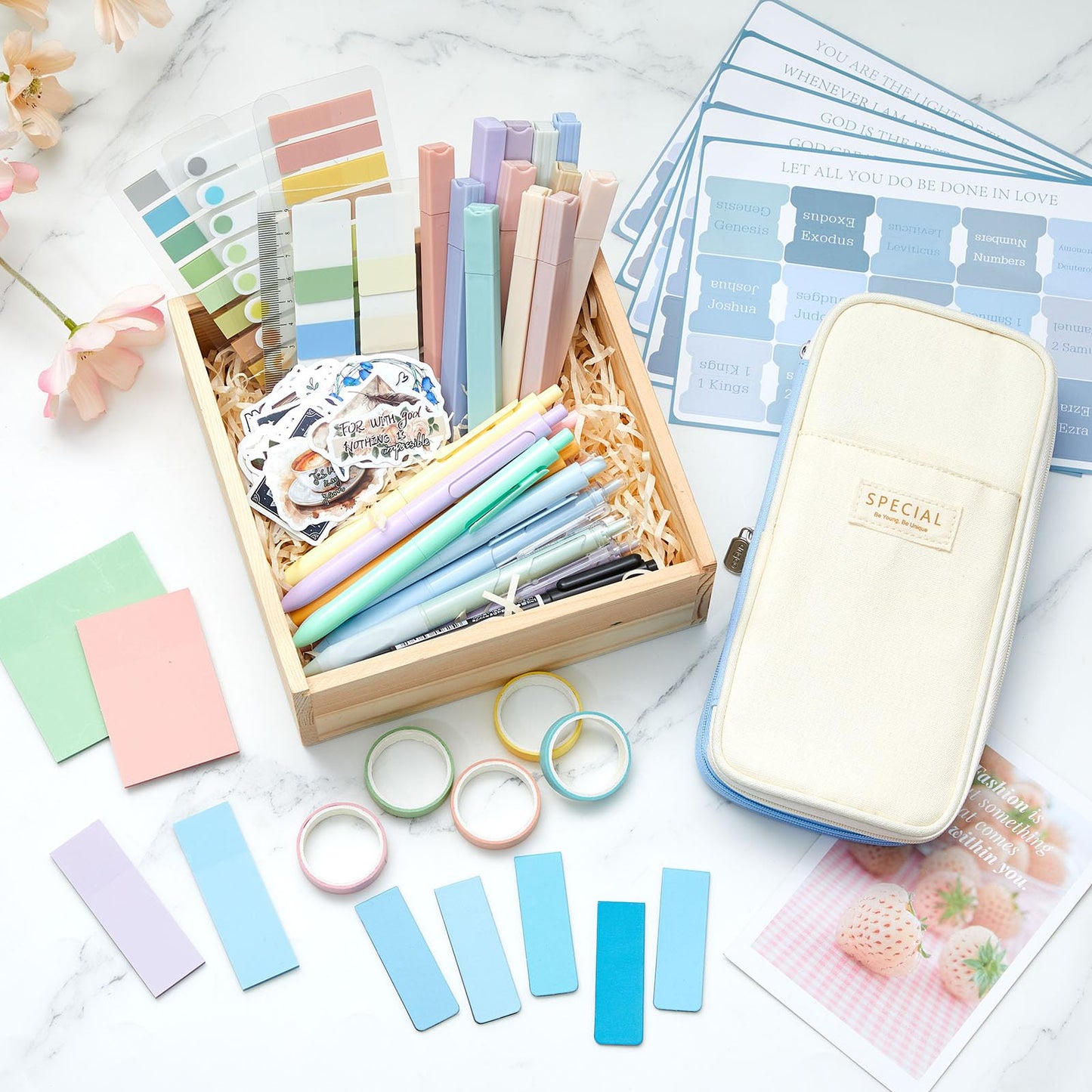 98 Pcs Bible Study Supplies, Bible Journaling Kit for Women, Aesthetic Study Kit with Pencil Case Book Annotation Aesthetic Highlighters Notes Gel Pens for Office Christian Gifts Christmas(Blue)