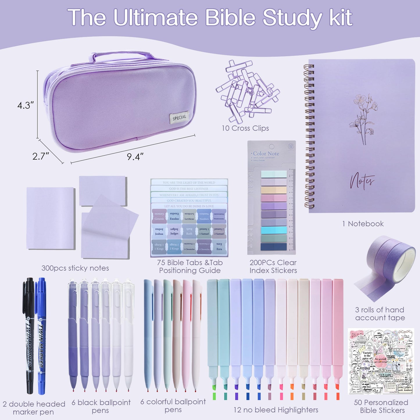 J6&H6 170Pcs Complete Bible Study Supplies Journaling Kit with Tabs, Highlighters and Color Pens, Notebook,Stickers & More Bible Accessories Set for Women, Beginner Christian Gifts(Purple)