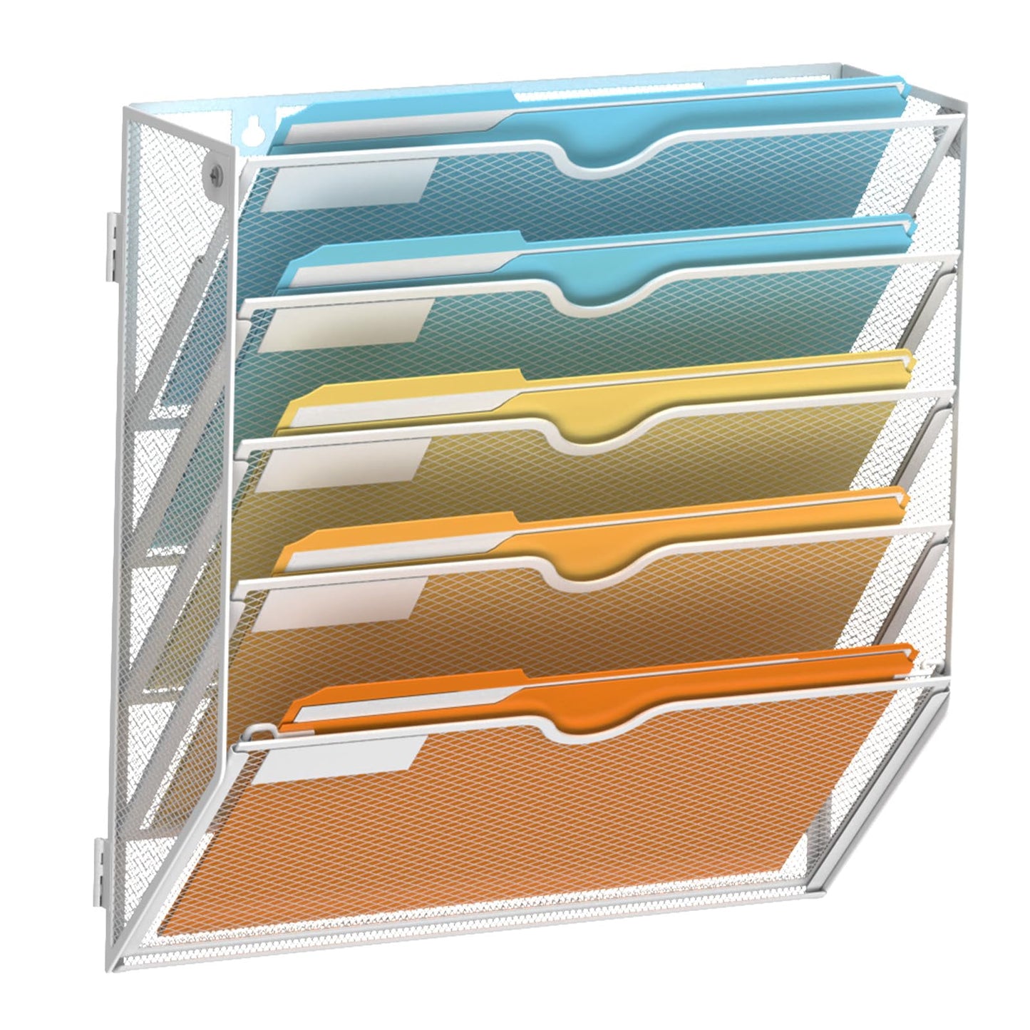 SUPEASY 5 Tier Wall File Organizer, Hanging Wall Mounted Mail Organizer with Label Slots, Metal Mesh File Holder Magazine Rack for Office, Home, School or Classroom, White