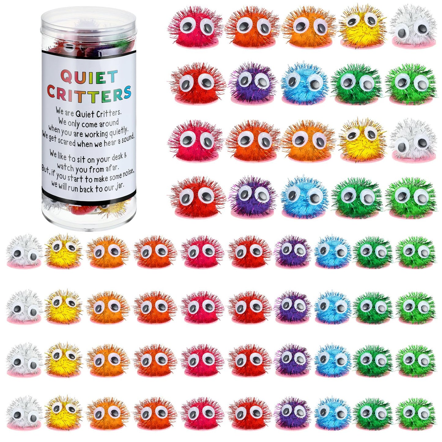 WinnerWhy 50 Pcs 1'' Pom Poms Critters with Plastic Jar Quiet Critters Classroom Management, Behavior Classroom Management Tool, Homeschooling, Educational and Learning Activities for Kid (Neon Color)