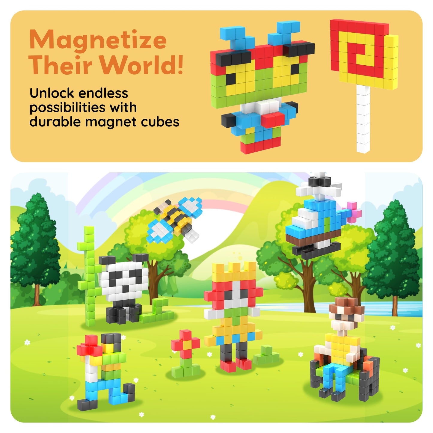 PicassoTiles 100pcs 0.5” Pixel Magnetic Puzzle Cube Mix & Match Cubes Sensory Toys STEAM Education Learning Building Block Magnets Children Construction Toy Set Stacking Magnet Creative Kit PMC100